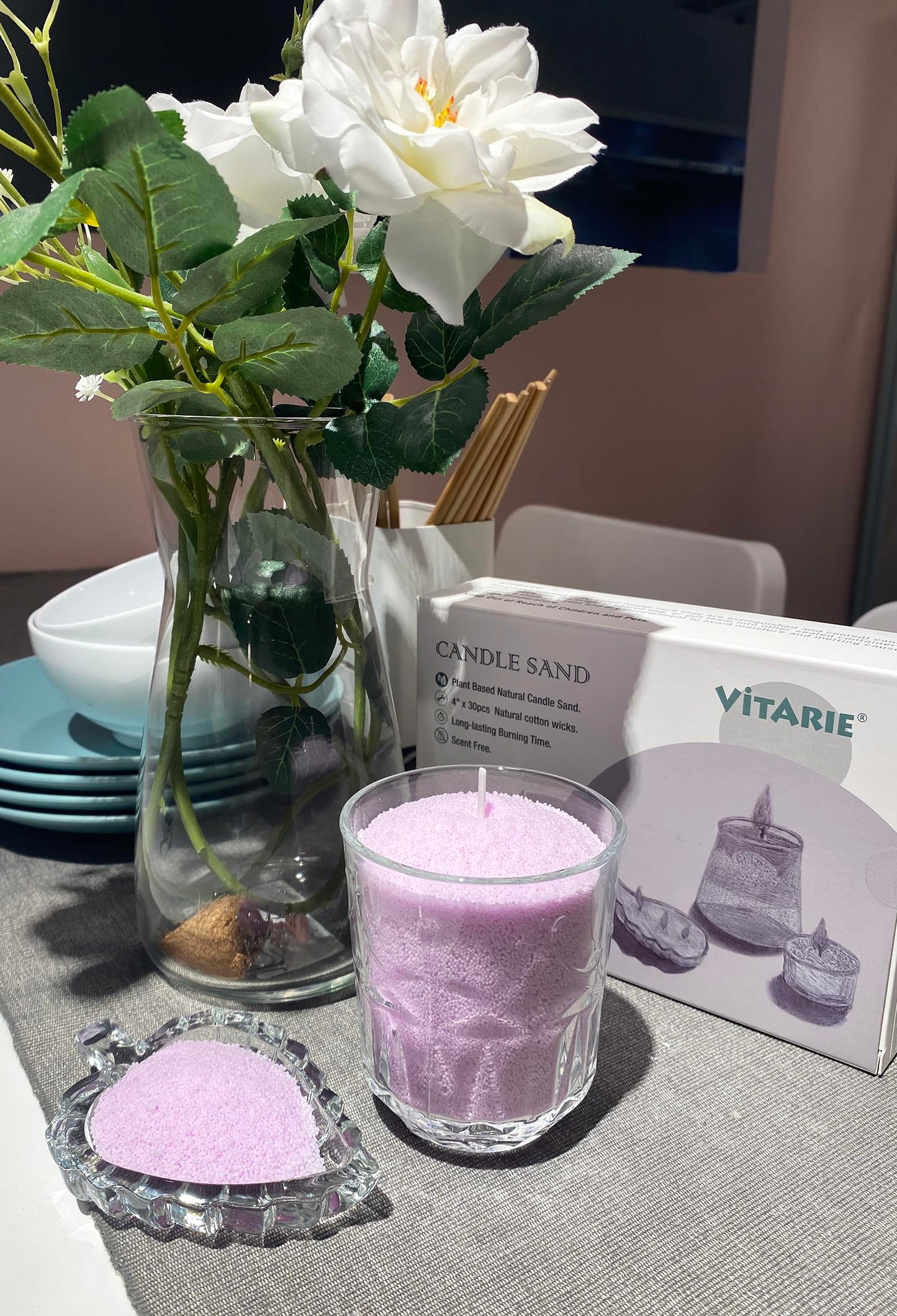 VITARIE Refillable Pearled Candle Sand 18oz, Unscented, 30 Cotton Wicks, 1.1lb Long Burning, Candle Making Kit, Mauve
