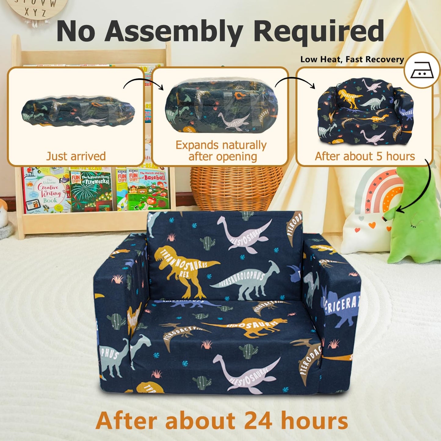 Beavtaens Kids Couch, 2-in-1 Kids Fold Out Couch, Convertible Kid Sofa to Lounger for Girls and Boys, Soft Toddler Chairs Comfy 1-3 Years Old (Dinosaur)