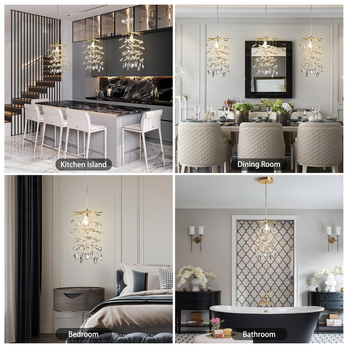 YUYI 8.3" Crystal Pendant Light for Kitchen Island, Modern Gold Tree Branch Chandeliers, Luxury Round Raindrop Chandelier Pendant Lights Fixture for Dining Room, Living Room, Bedroom, Foyer, Entryway