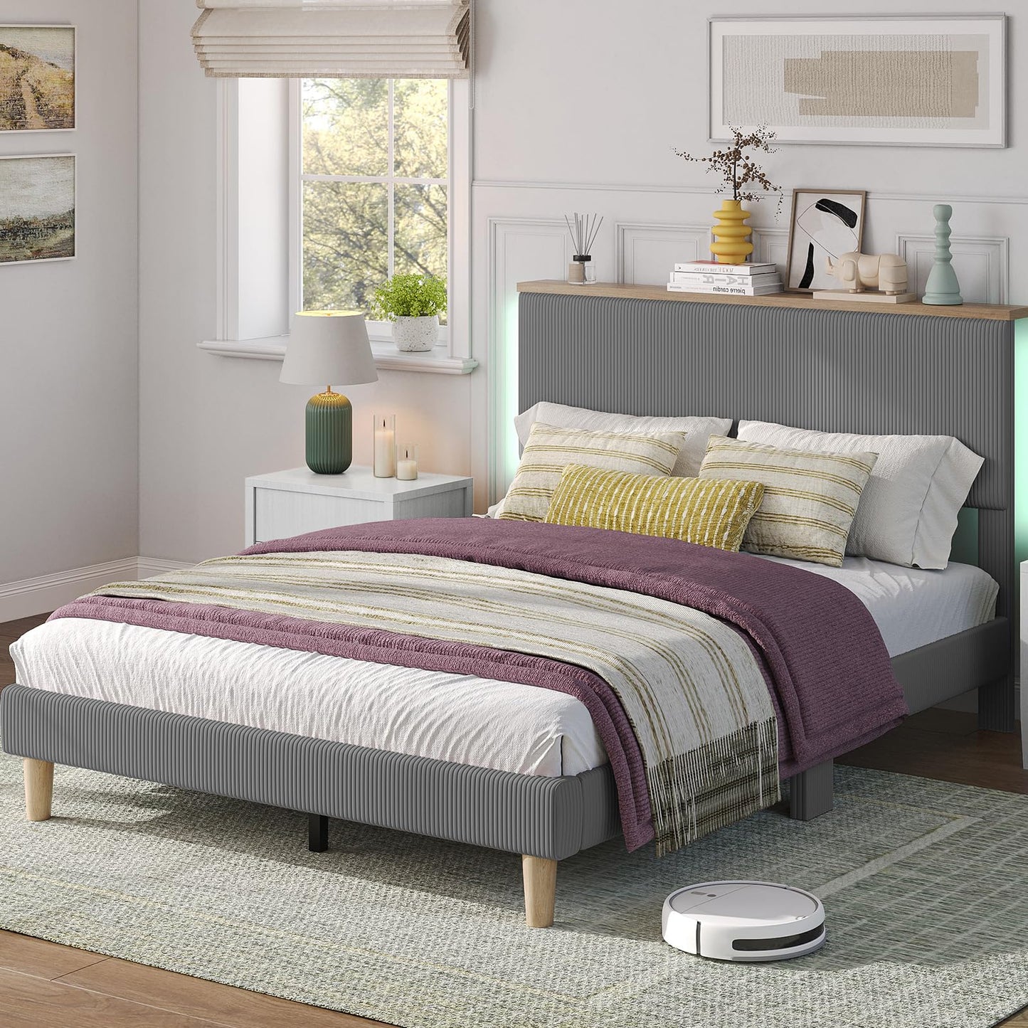 Bestier Queen Bed Frame with Adjustable Headboard & LEDLighting, Corduroy Upholstered Platform Bed Frame withStorage Shelf, Solid Wood Slats, No Box Spring Needed,Never Squeak, Easy Assembly, Grey