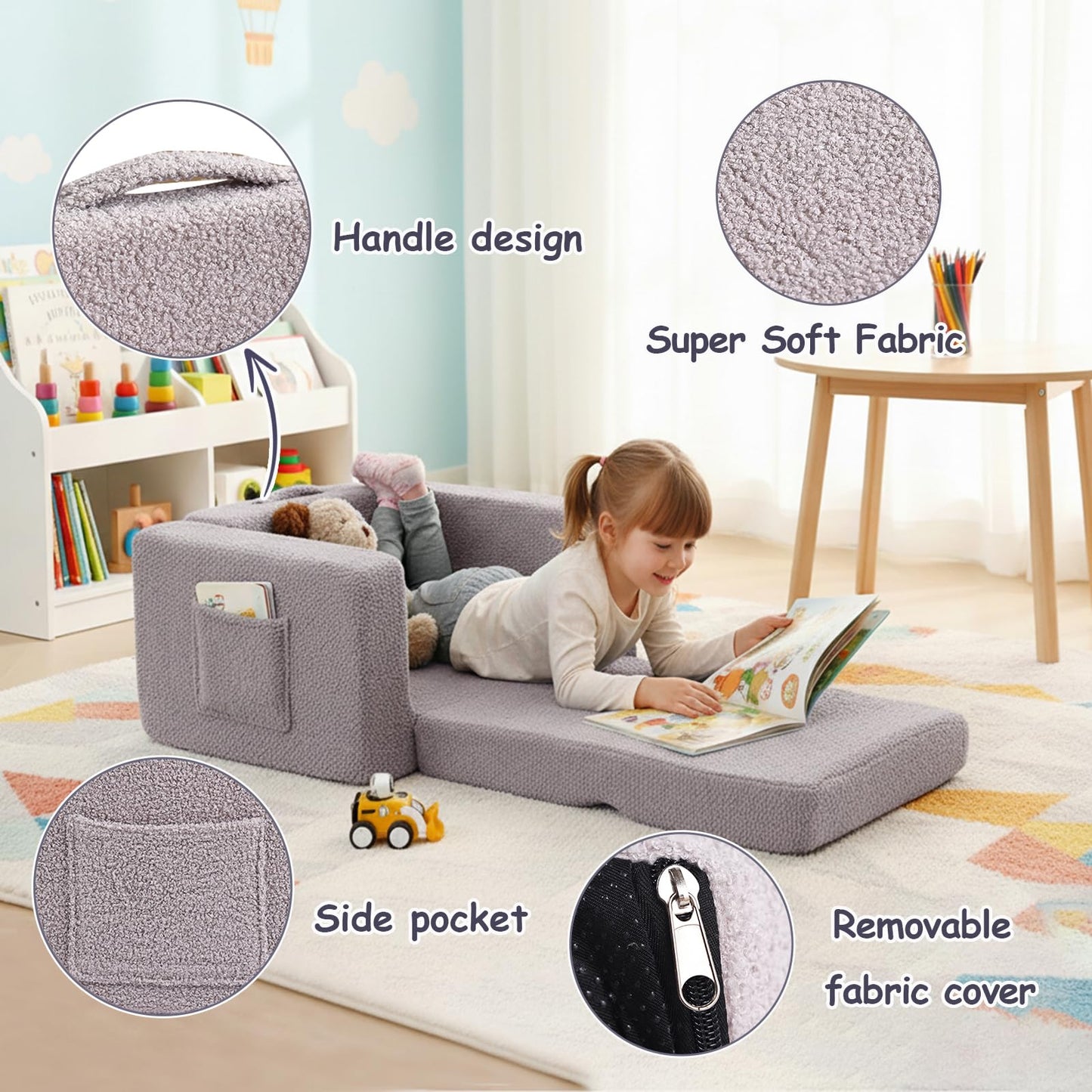 Tiita Kids Sofa, 2-in-1 Todder Couch, Convertible Children Couch to Lounger, Flip Out Kids Sofa Chair, Toddler Armrest Chair Bed, Folding Kids Play Sofa for Girl or Boy (Grey)