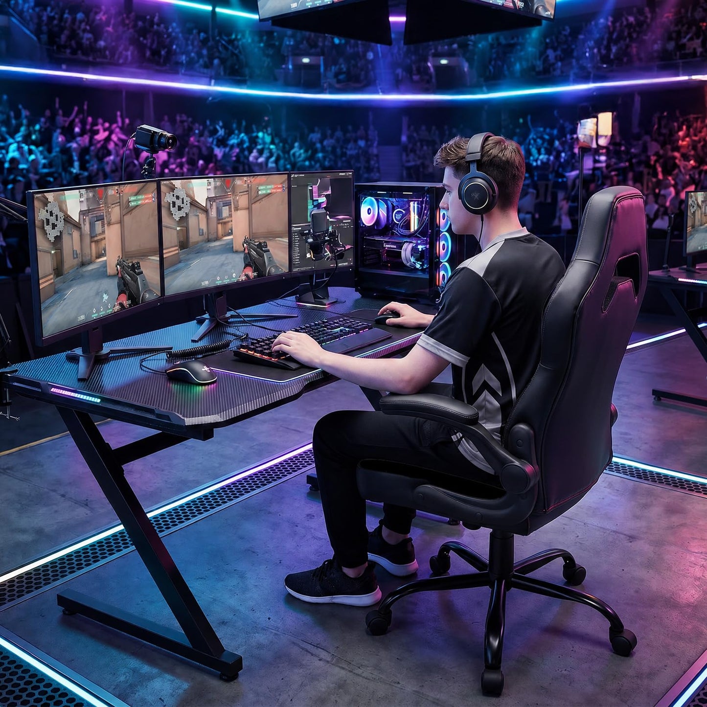Sweetcrispy Computer Gaming Desk Chair - Big Tall Ergonomic Lumbar Support with Flip-up Armrest and 360° Swivel Wheels, PU Leather Height Adjustable, for Home and Office, Black
