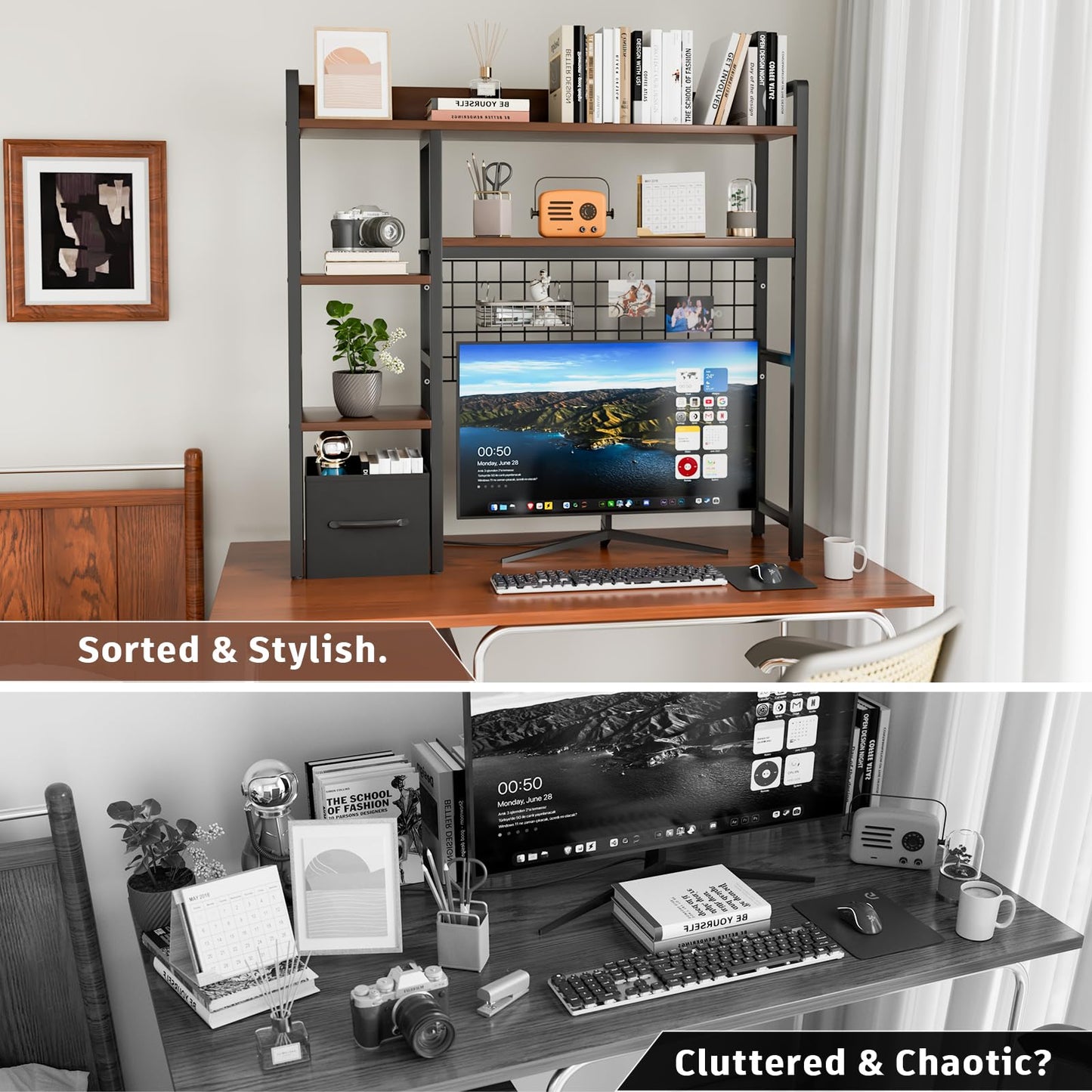 Rifoer Desk Hutch for Computer Monitor,Desktop Bookshelf Organizer,4 Tier Desk Hutch with Grid Panel,38.6" Desk Shelf Storage Rack for Home Office,Study,Dorm,Black