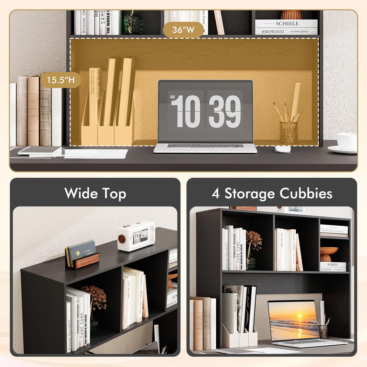 Tangkula Desktop Bookshelf, Countertop Storage Hutch with 4 Shelves for Computer Desk, Desktop 2-Tier Display Rack, Multipurpose Wood Desk Hutch Storage Organizer for Dorm Office Home (Black)