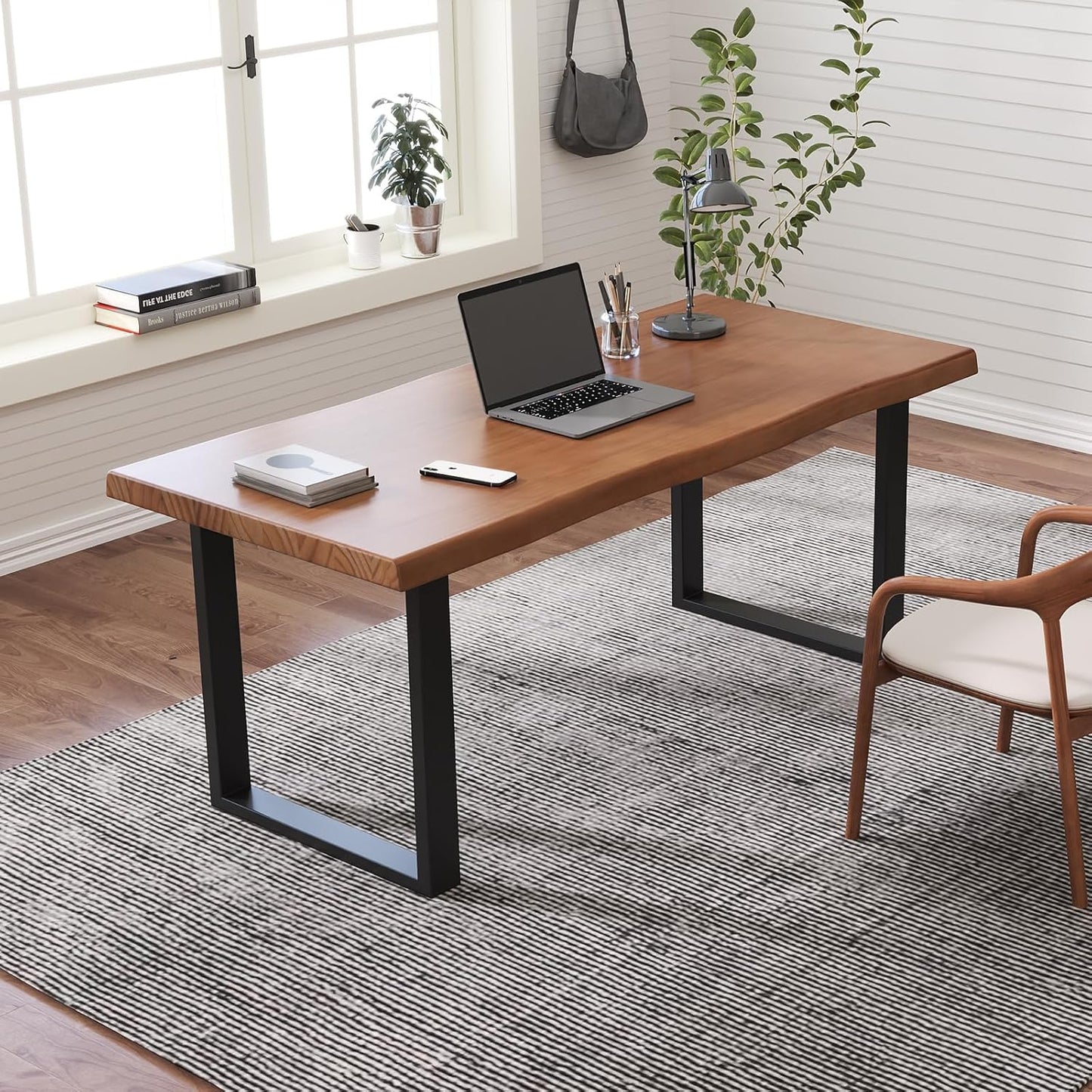 KunAndPeng Stylish Solid Wood Office Desk with Sturdy Metal Base - Durable Executive Computer Desk or Dining Table in Multiple Sizes - Perfect for Home Office and Work Environments (Tan62.99in)
