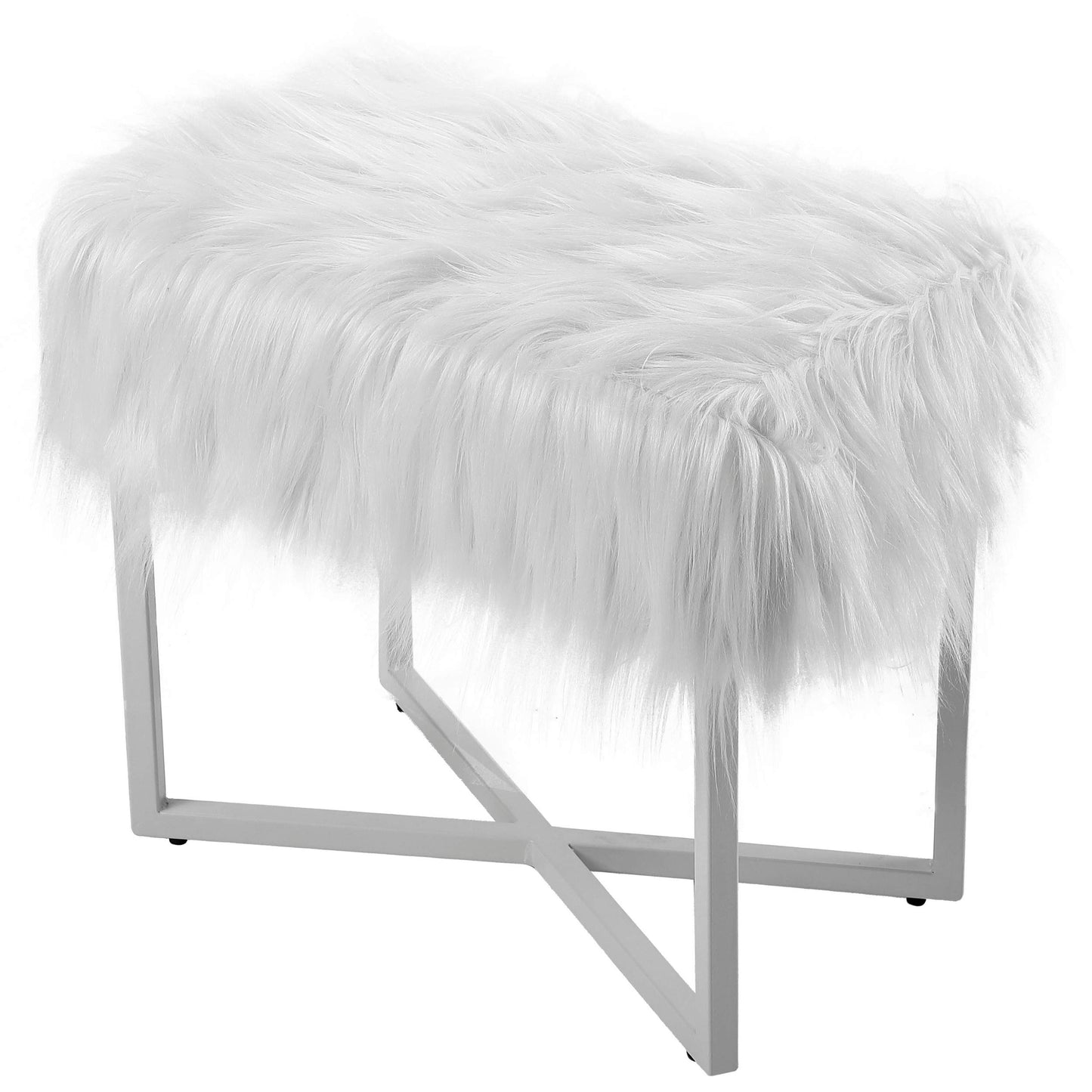 BIRDROCK HOME Rectangular Faux Fur Vanity Foot Stool Ottoman with Metal Legs - Small Soft Padded and Fluffy Makeup Seat or Foot Rest for Bedroom, Desk, or Dressing Table (White and Gray)