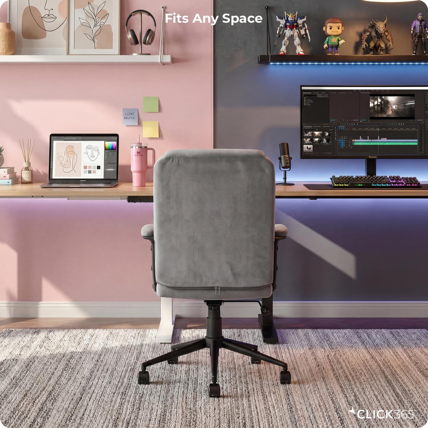 Click365 Transform 1.0 Ergonomic Office Chair, Mid Back Desk Chair with Padded Arms, Lumbar Support, Adjustable Height, Tilt Recline, Swivel Computer Chair, Fabric, Light Grey