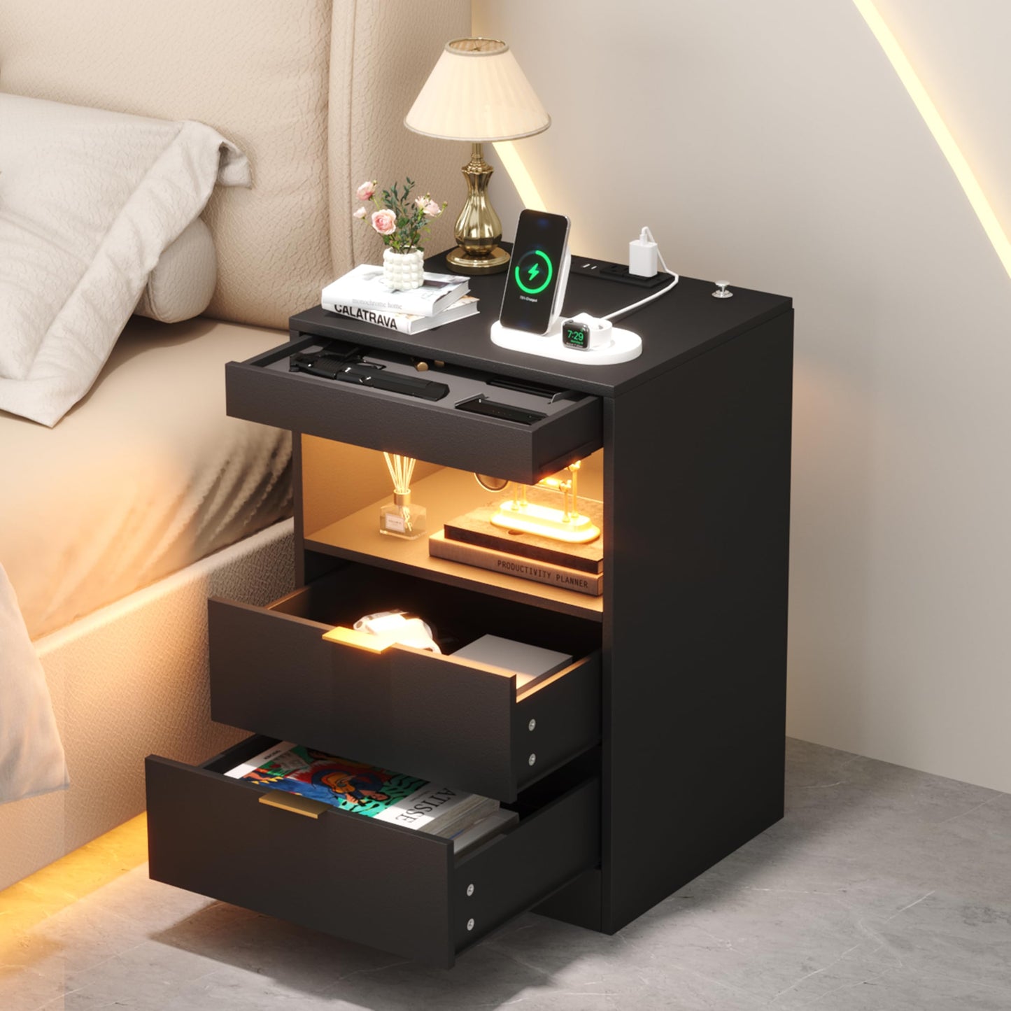 Yusong Night Stand with Gun Drawer & Invisible Lock, Bedside Table, LED Nightstand with Charging Station, Modern Night Stand, Wood Sofa Couch End Side Table with 2 Pull-Out Shelf (Black 002)