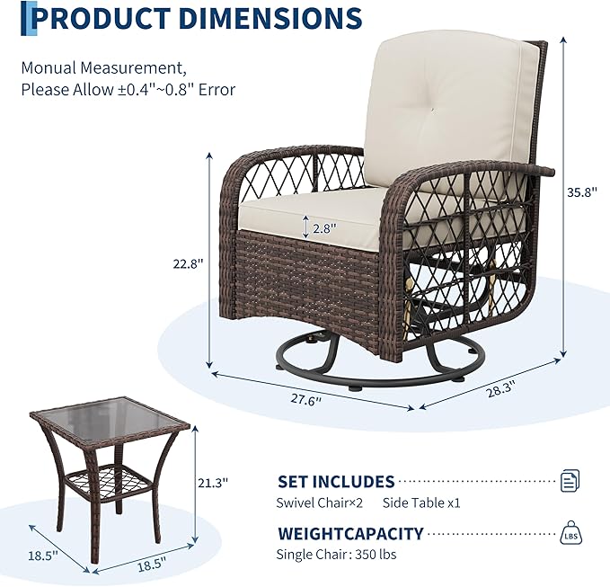 Garvee 3 Pieces Patio Furniture Set, Outdoor Swivel Glider Rocker Set