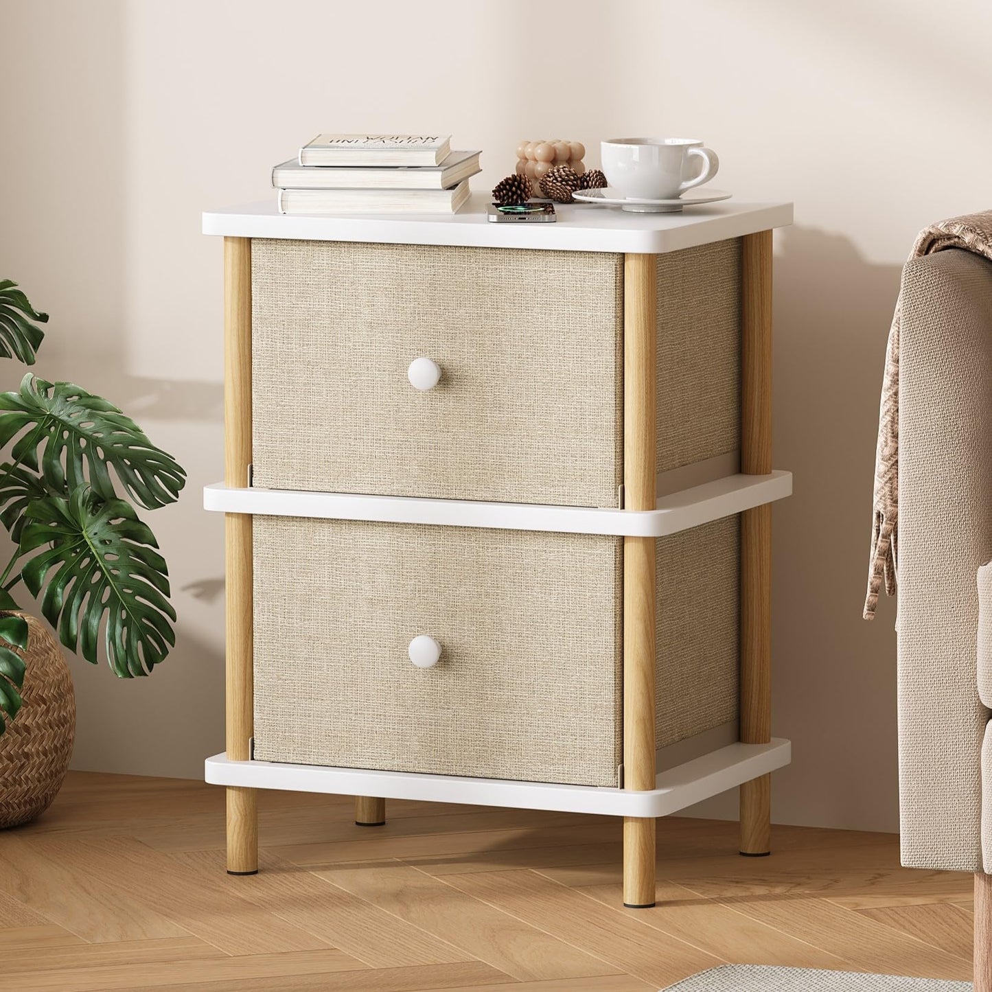 Apicizon Nightstand with 2 Storage Drawers, Boho Side Table with Solid Wood Legs, End Table for Small Spaces, Bedroom, Living Room, Entryway, White+Natural