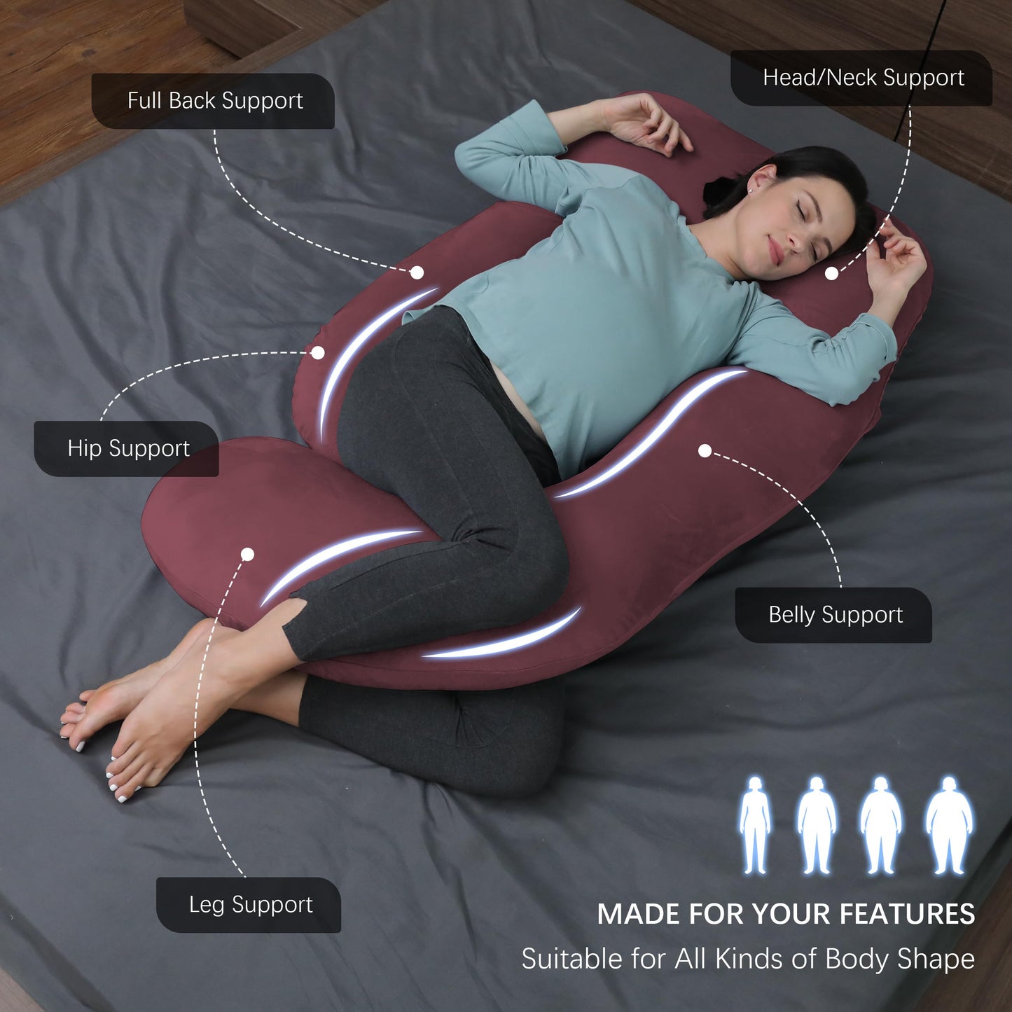 MOON PARK Pregnancy Pillows for Sleeping - U Shaped Full Body Maternity Pillow with Removable Cover - Support for Back, Legs, Belly, Hips - 57 Inch Pregnancy Pillow for Women - Burgundy