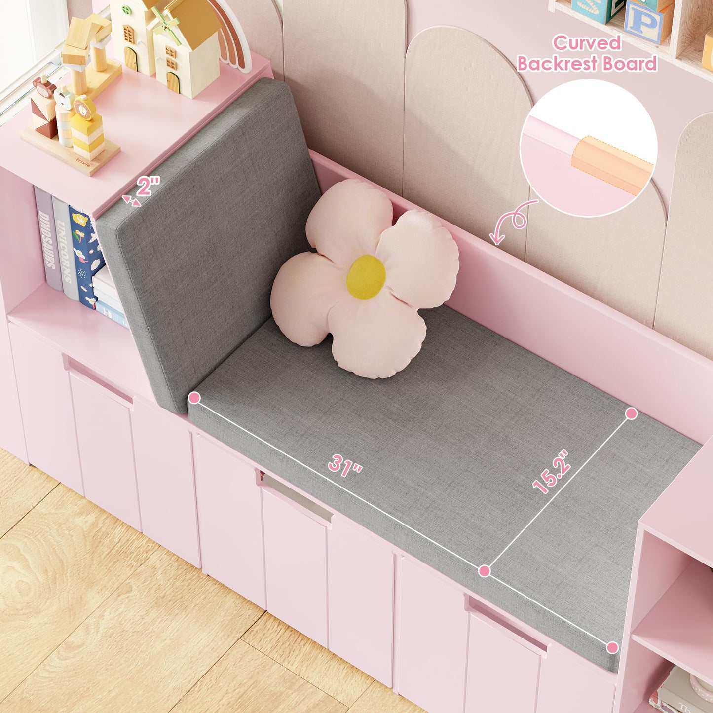 BOTLOG 61.5" Kids Reading Nook with 3-Layer Bookshelf, Reading Nook for Kids with Double Bench and Rolling Drawers, Bookshelf and Toy Storage for Nursery, Playroom, Pink