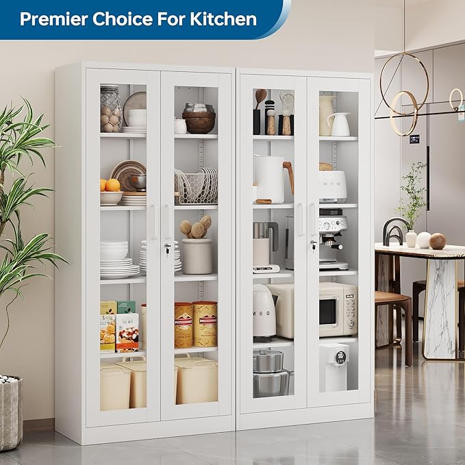 PEUKC Display Cabinet with Glass Doors, 71 Inches Metal Display Case with 4