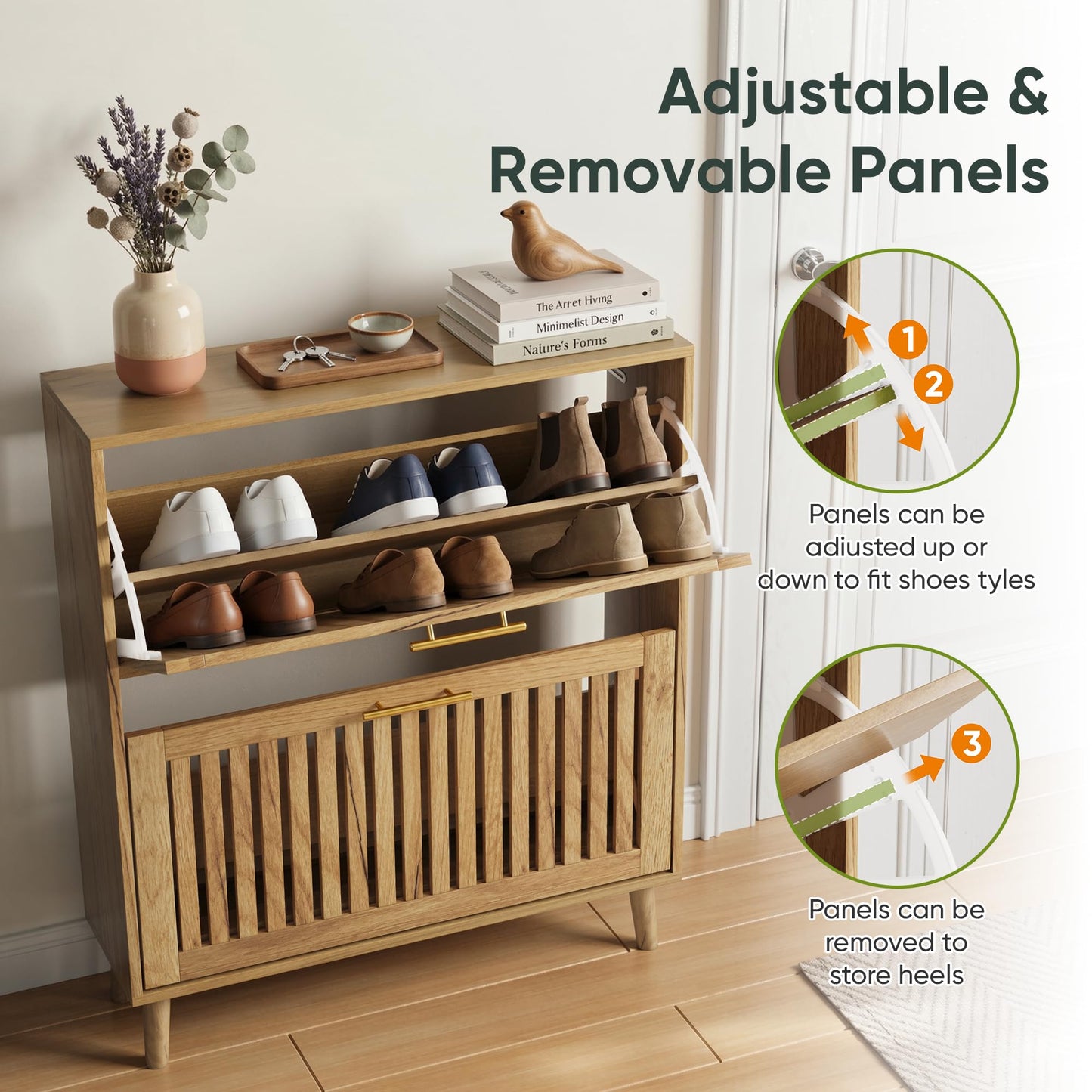 Smart FENDEE Shoe Storage Cabinet with 2 Flip Slatted Drawers, Narrow Freestanding Shoe Cabinet with Gold Handle, Hidden Entryway Shoe Organizer for Hallway, Foyer, Natural