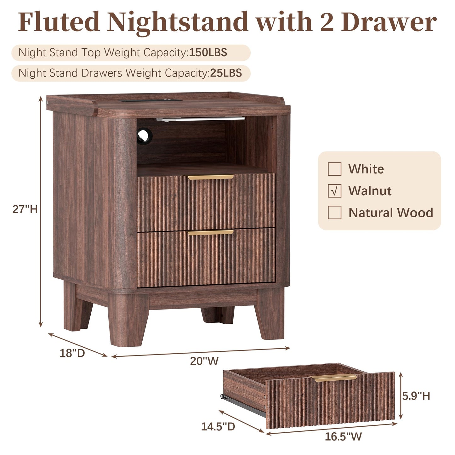 Baoz Walnut Fluted Nightstand with Charging Station & 2 Wooden Drawers