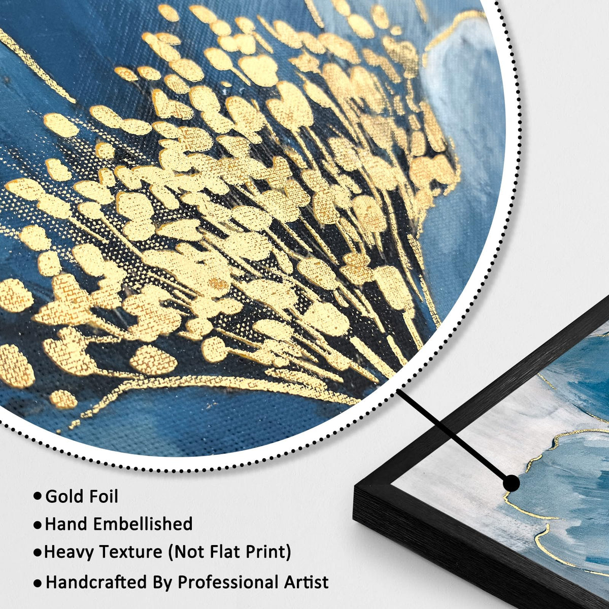 llribbons Framed Flower Wall Art Hand Painted Elegant Blue Peony Floral Canvas Pictures Indigo Gold Painting 3D Textured Prints Artwork for Living Room Bedroom Bathroom Office Home Decor 20" x 20"