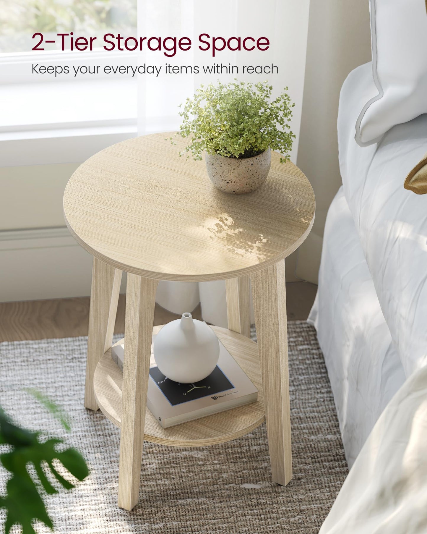 VASAGLE MAEZO Collection - Side Table, 2-Tier Small Round End Table, Nightstand with Tapered Legs, Curved Transitions, for Small Spaces, Living Room, Bedroom, Natural Beige ULET283N01