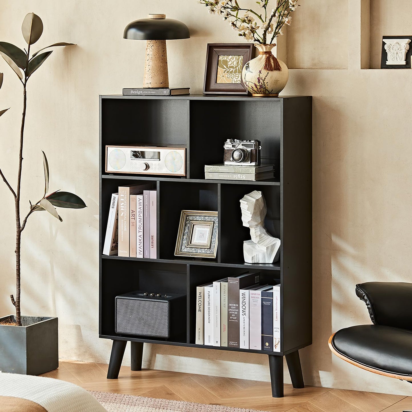 LEYAOYAO 7 Cube Black Bookshelf, 3 Tier Modern Bookcase with Legs, Wood Cubeicals Organizer Storage Open Shelves, Retro Display Book Shelf, Freestanding Short Book case for Bedroom,Living Room,Office