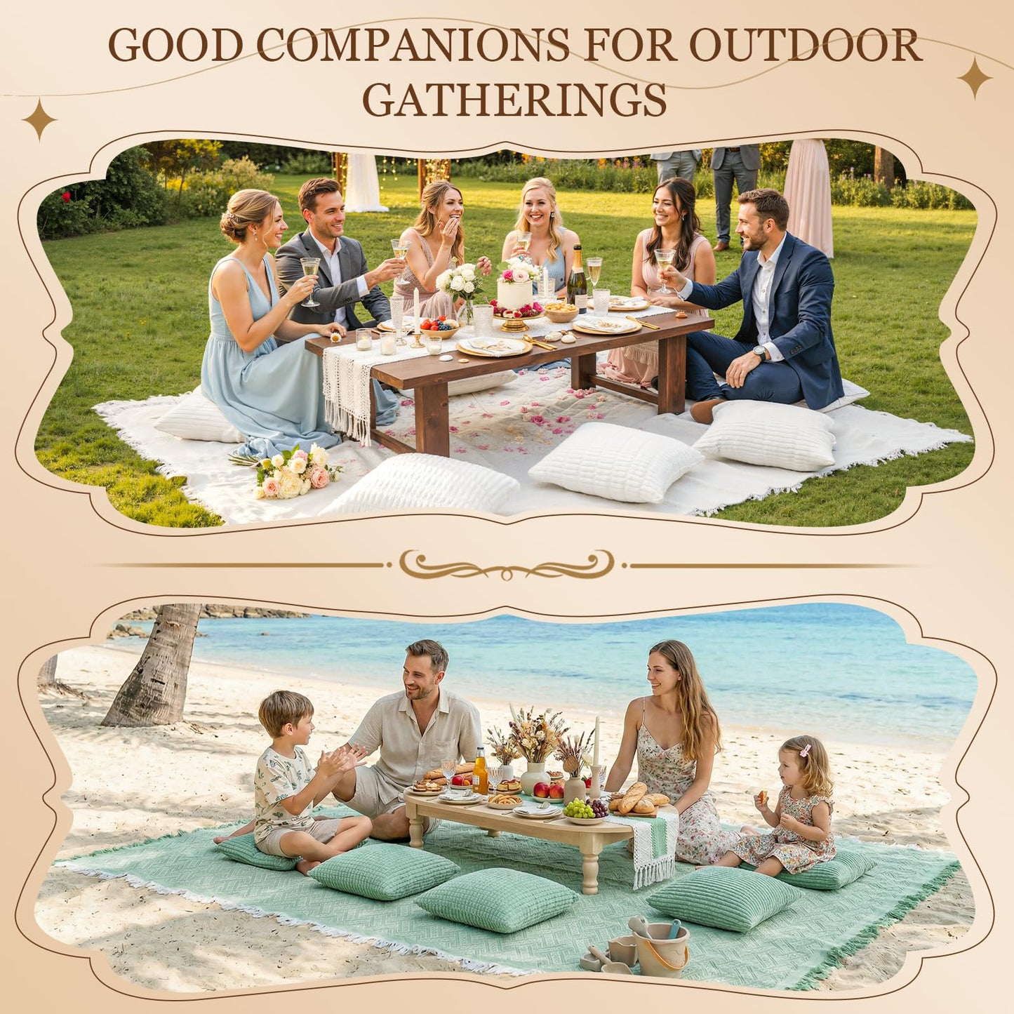 Extra Large Outdoor Rug Boho Picnic Blanket with Low Table Runner and 6 Throw Pillows Covers Set Wedding Party Decoration Photoshoot Home Garden Party Decor Patio Lawn Mat Beach Party theme Supplies