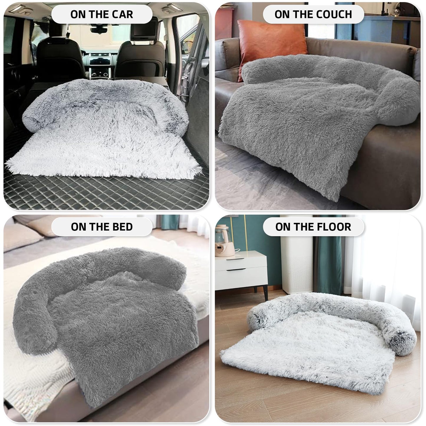GGIB Calming Dog Bed Fluffy Plush Dog Mat for Furniture Protector with Removable Washable Cover for Large Medium Small Dogs and Cats (Large, Grey)