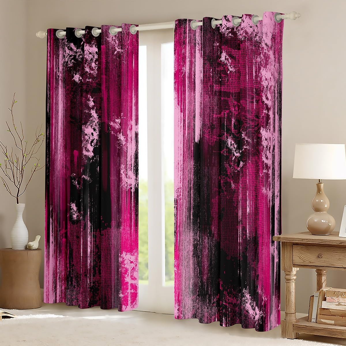 Feelyou Modern Abstract Art Curtains for Bedroom Living Room Abstract Blackout Darkening Drapes Hot Pink Black Window Treatments, 2 Panels 38 x 45 Inch Luxury Room Decor