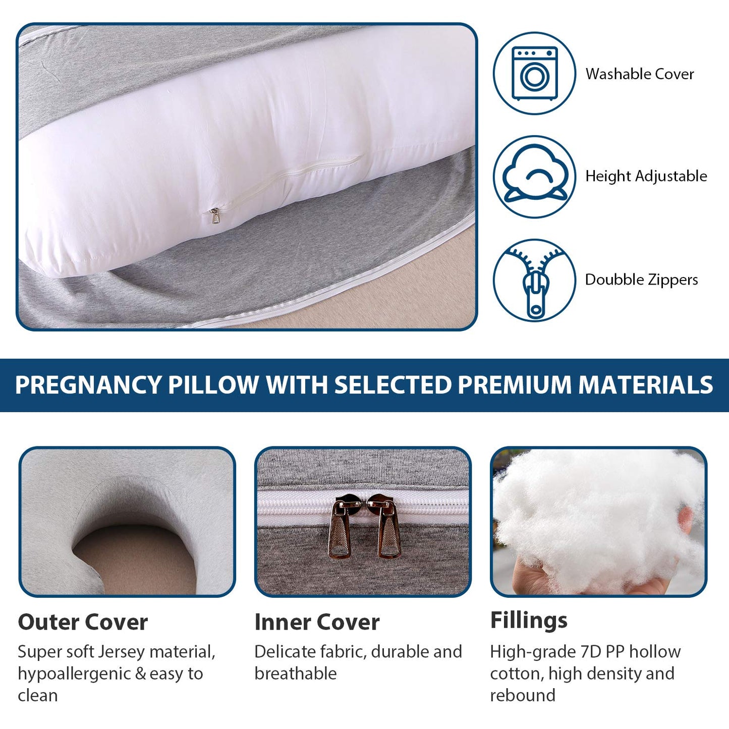 U-Shaped Full Body Pregnancy Pillow for Sleeping – 57" Maternity Pillow with Removable Cover, Support for Back, Legs, Belly & Hips (Jersey-LightGrey)