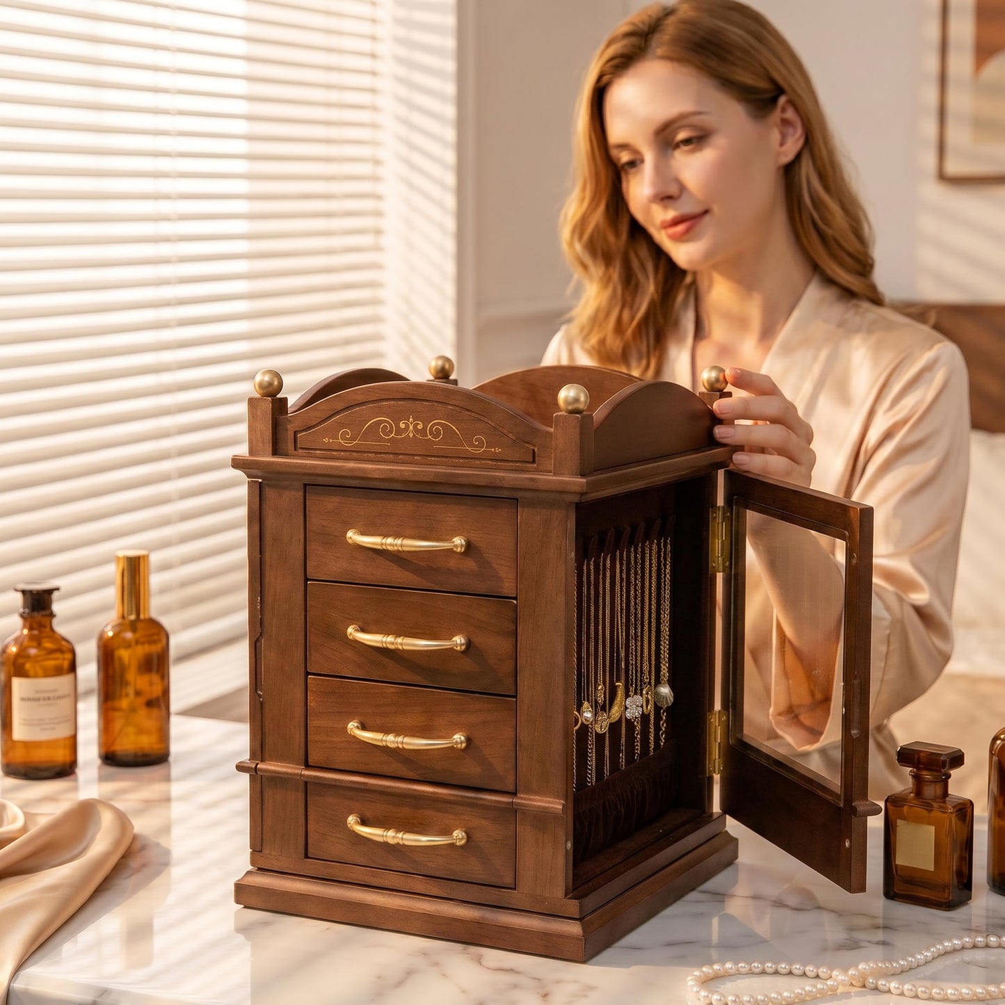 GuaziV Wooden Jewelry Organizer for Women, 360° Rotating Jewelry Box with 4 Drawers, Necklace & Ring Holder, Tangle-Free Jewelry Storage Cabinet for Vanity and Bedroom