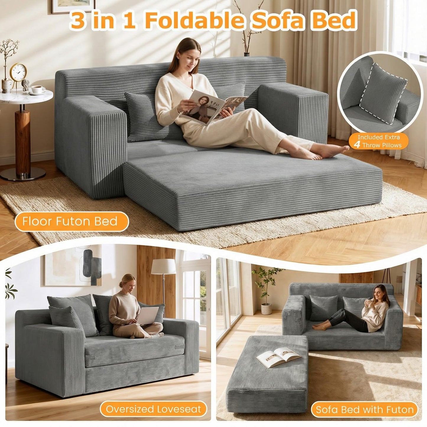 Winzon Boneless Loveseat, 3 in 1 Convertible Sofa Bed Sleeper Sofa Floor Futon Bed with 4 Pillows, 55" Grey Boneless Couch for Living Room, Guest Room, Small Space, No Assembly Required, Corduroy