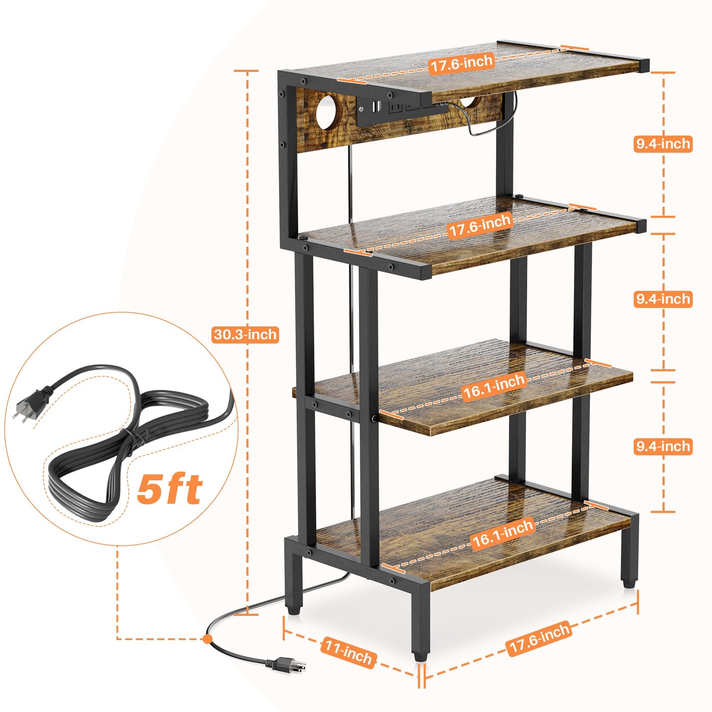 Aquzee Video Game Console Shelf, Stereo Racks - Media Stand with Outlet & Led Strip Light, 4-Tier Gaming Shelf for PS4 PS5 Xbox Games Organizer, Small Entertainment Center, AV Media Stand for CD DVD