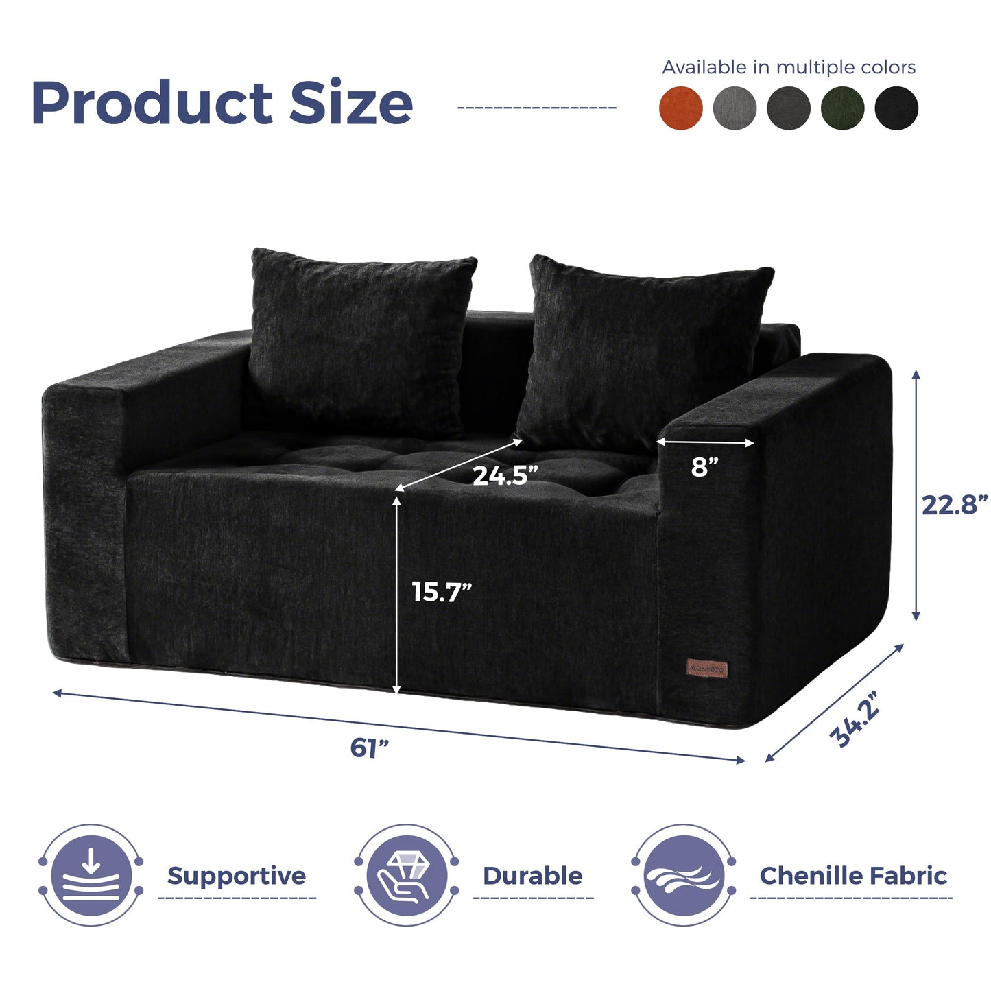 MAXYOYO Modular Sofa Couch, 61" Loveseat Boneless Cloud Couch with Deep Seat, Chenille Upholstered Living Room Comfy Sofa Chair for Living Room, No Assembly Required, Black