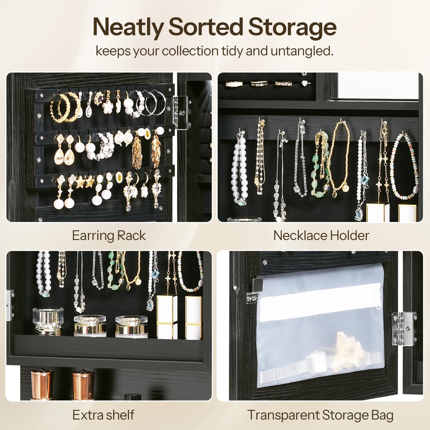 HOOBRO Wall Mounted Jewelry Cabinet, LED Jewelry Armoire with Interior Mirror, Hanging Jewelry Organizer for Wall, Lockable Jewelry Storage Cabinet, 3.9 x 11.8 x 20.9 Inches, Black