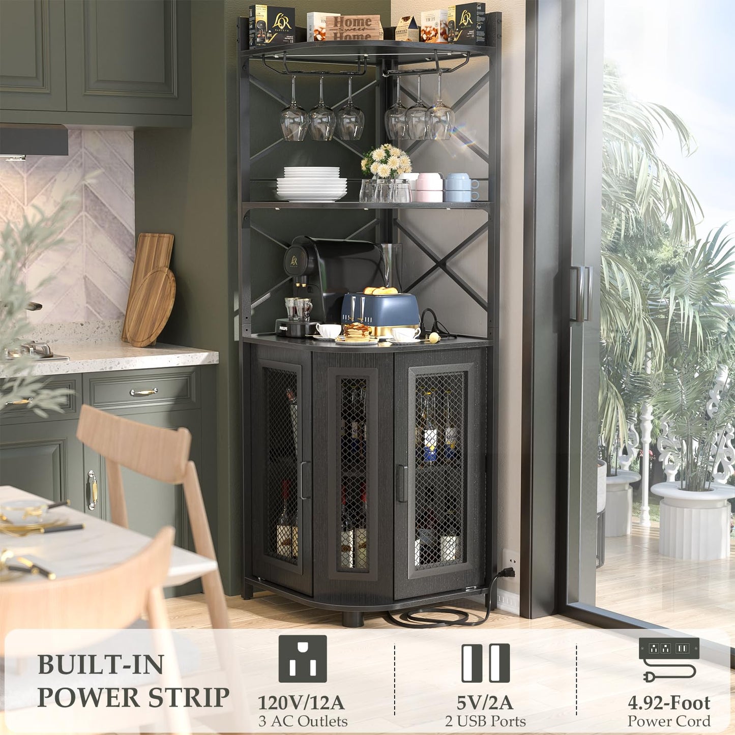 Aheaplus Corner Bar Cabinet with Power Outlet, Industrial Wine Cabinet with LED Strip and Glass Holder, 5-Tiers Liquor Cabinets Bar Unit for Home, Corner Display Cabinets for Small Space, Black