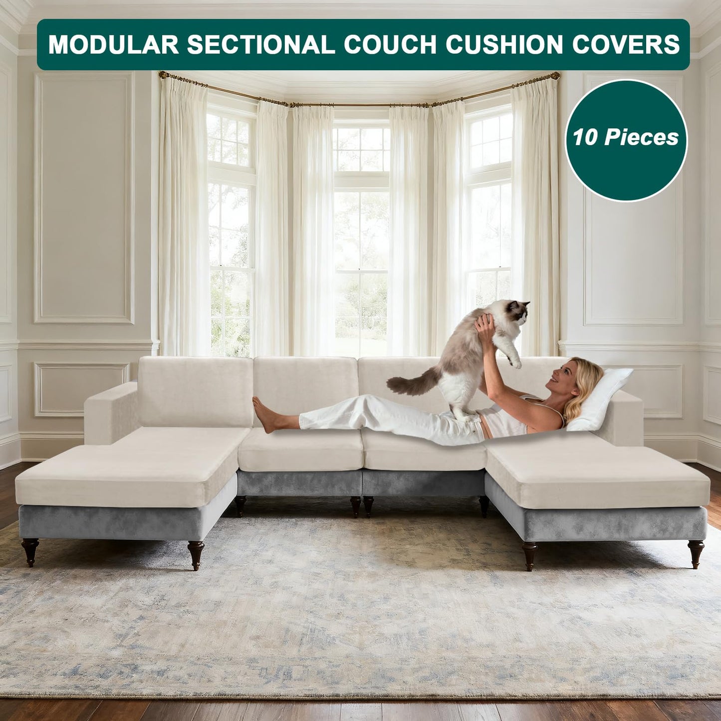 10 Pieces Sofa Cushion Covers for U-Shaped Modular Sectional Couch with 4 Seat+4 Back+2 Arms, Stretch Velvet Upholstered Covers for Sofa Bed with Deep Double Chaise (Beige,Universal (10 Pieces))