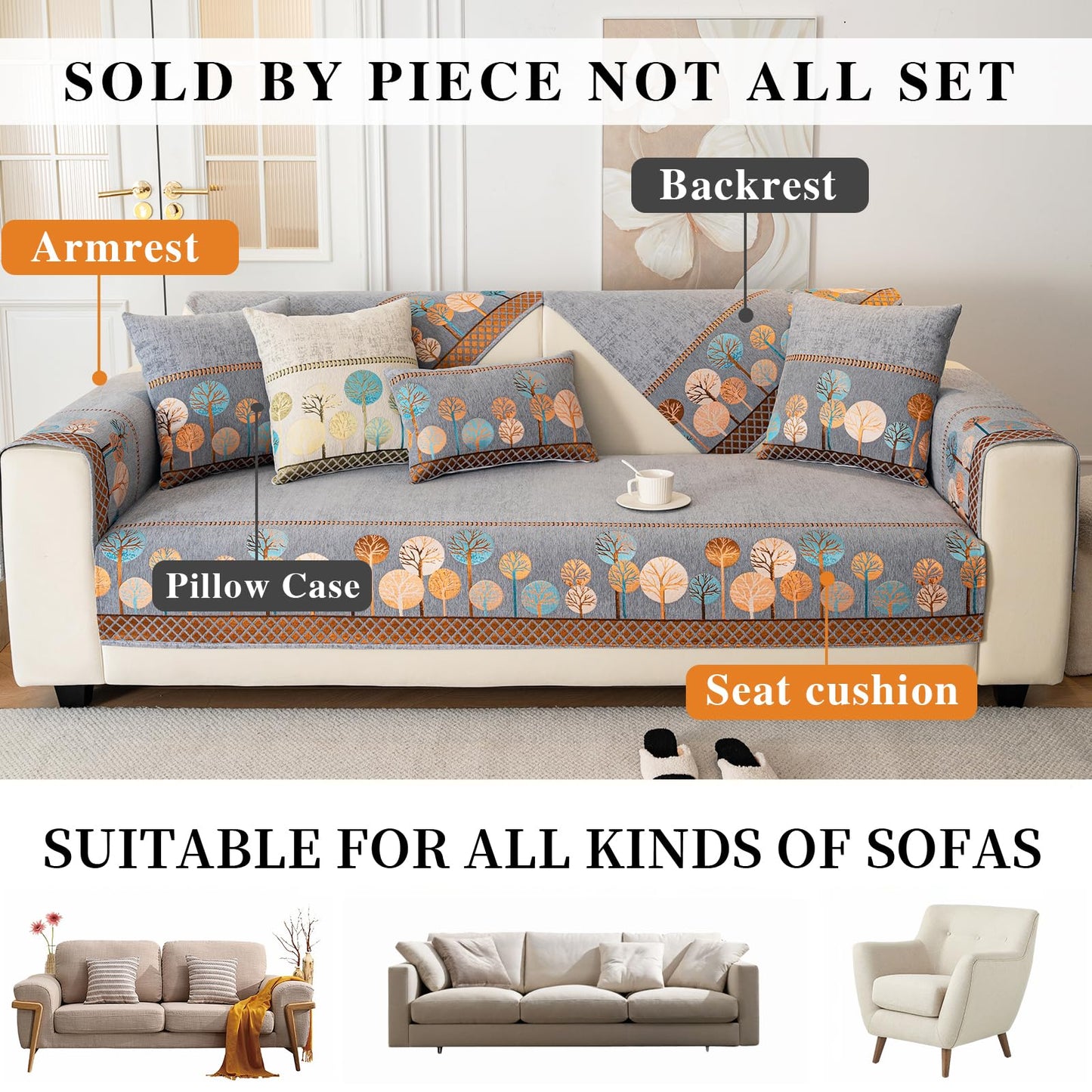 tianxinbaobei Boho Couch Cover, Non Slip Washable Sofa Covers, Chenille Couch Covers Quilted, Bohemian Sofa Slipcovers, Furniture Protector for Armrest and Backrest(Grey,28"x28",1pc)