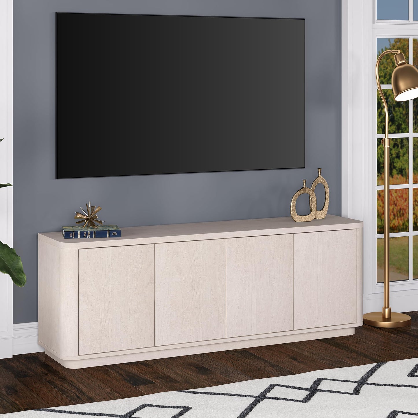 Henn&Hart TV Stand for TVs up to 75" with 2 Concealed Storage Cabinets, Adjustable Shelves and Plinth Base for Living Room, Family Room, or Office, Beech White