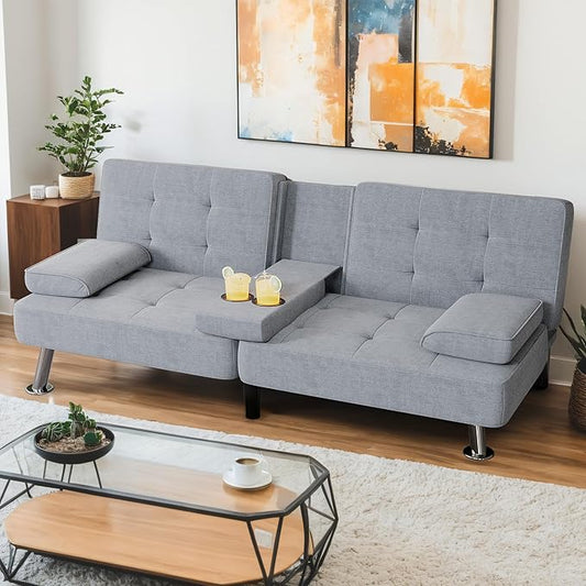 Shahoo Modern Linen Upholstered Convertible Folding Futon Sofa Bed