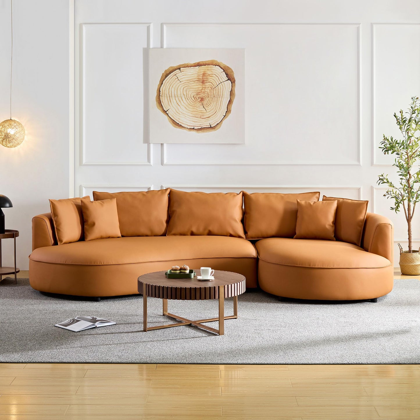 BBTJOINT Modern Curved Sofa for Living Room – Customizable Modular L-Shape Sectional with Semicircular Chaise, Faux Leather Upholstery, Minimalist Deep Seat, Orange