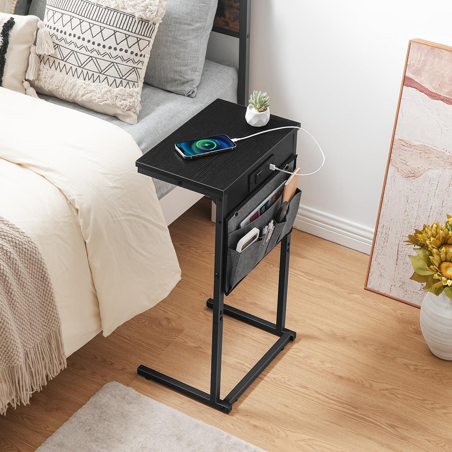 HOOBRO C Shaped End Table with Charging Station, 28" H Couch Side Table Slide Under, Sofa Arm Tray Table with Storage Bag for Living Room, Recliner, Black BB70USF01