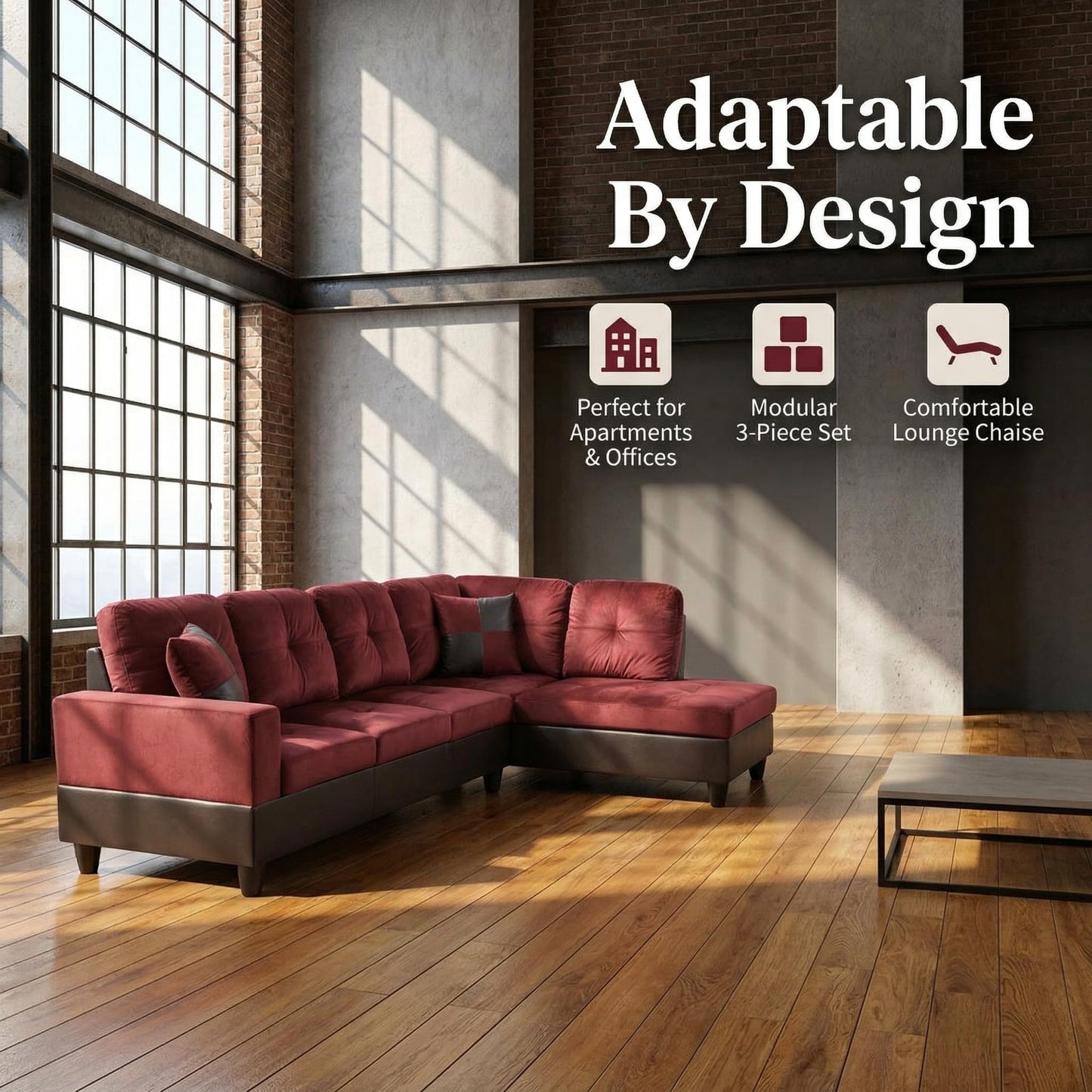 NicBex Sectional Couch 3 Pieces Sofa Set, L-Shaped Modular Couches for Living Room, Furniture Sets with Lounge Chaise & Storage Ottoman, Multi-Scene Use for Apartment & Office, Red+Black