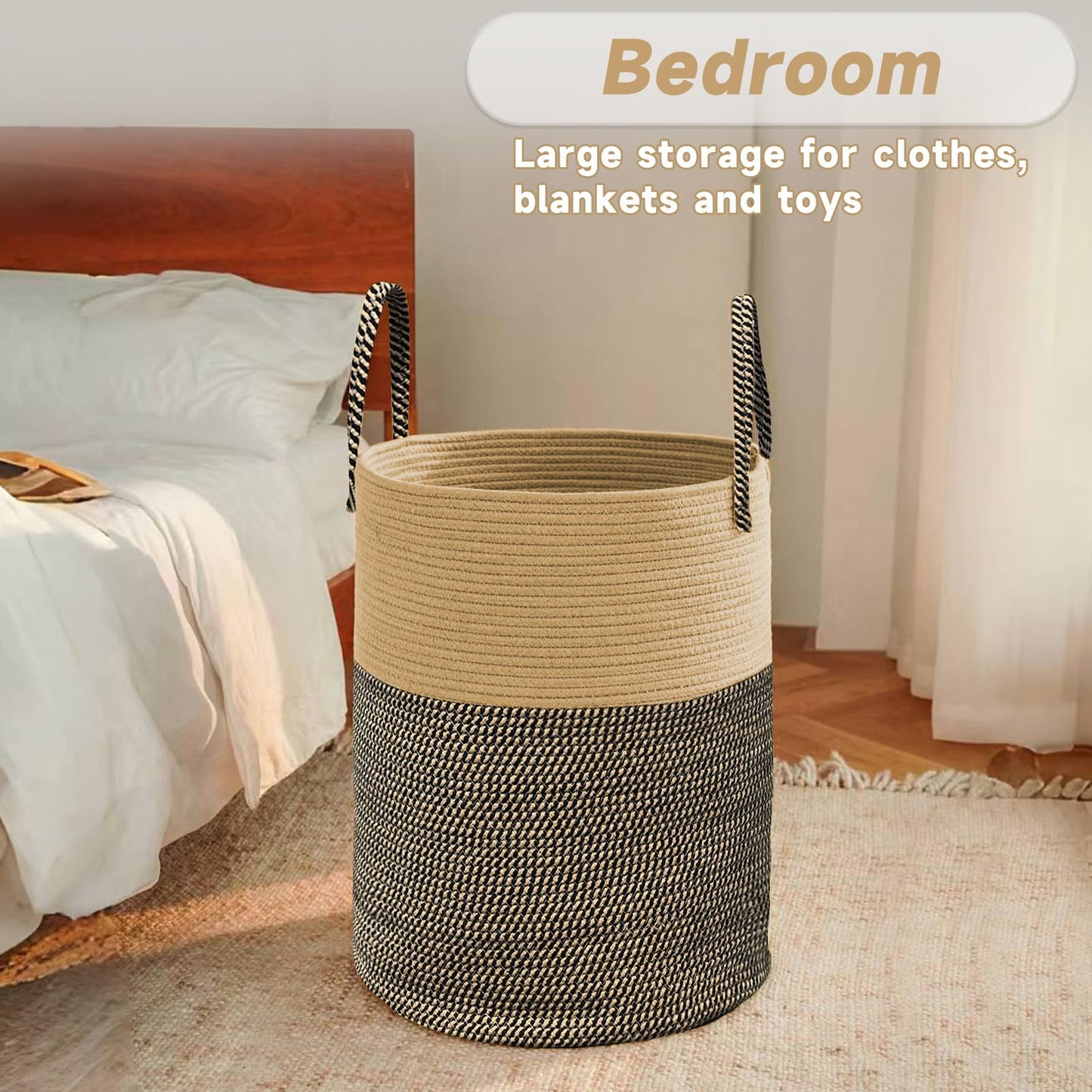 JMvicyroam Large Woven Laundry Basket Hamper,60L Cotton Rope Storage Bin for Blankets,Toys and Clothes,Decorative Tall Nursery Hamper for Living Room,Baby Nursery,Bathroom and Bedroom,Brown and Black