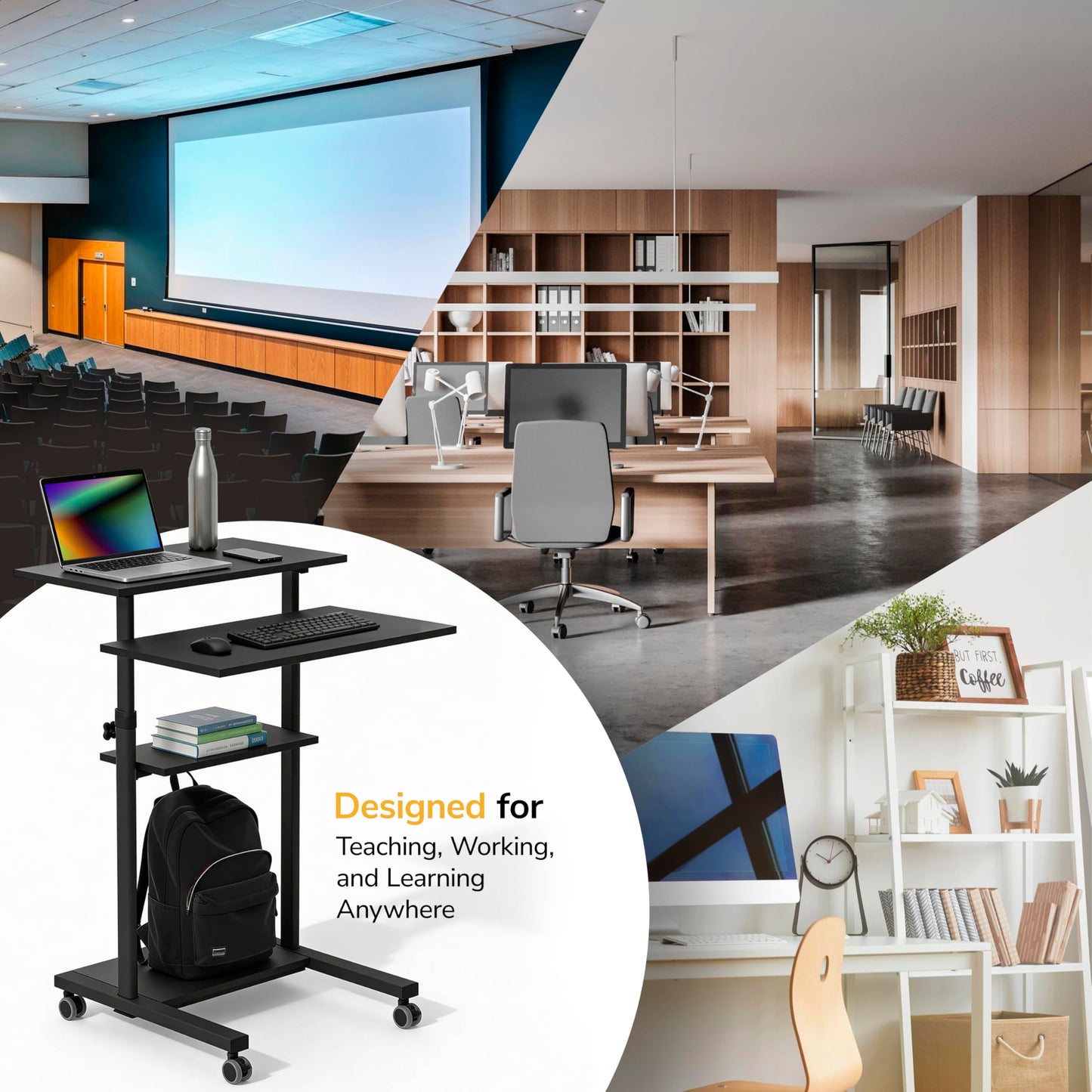 Mount-It! Black Rolling Standing Desk, Adjustable Height up to 54.7", Portable Laptop Podium Desk on Wheels, Mobile Computer Workstation with 4 Shelves 27.5" Wide, Cart for Home Office or Classroom