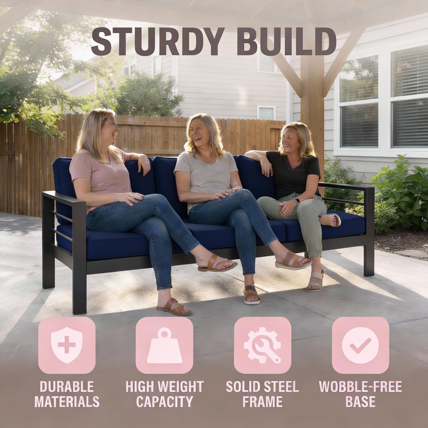 Kiss the Water 3 Seats Aluminum Outdoor Patio Sofa Set, All Weather Rust-Proof Metal Patio Couch, Modern Outdoor Furniture for Backyard Porch Garden, 5" Thick Waterproof Olefin Cushions, Light Grey