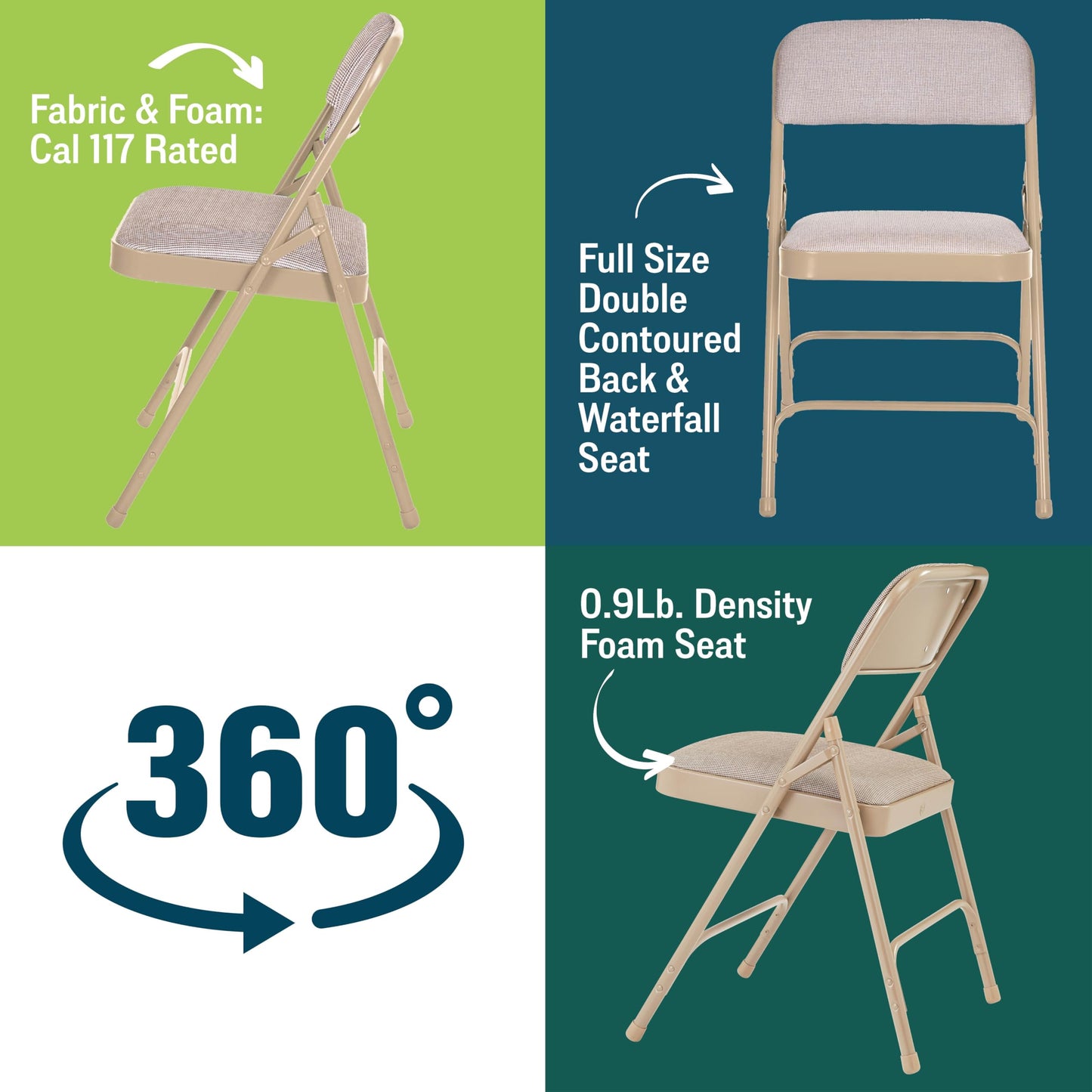 National Public Seating 2201 Series Steel Frame Upholstered Premium Fabric Seat and Back Folding Chair with Double Brace, 480 lbs Capacity, Cafe Beige/Beige (Carton of 4)