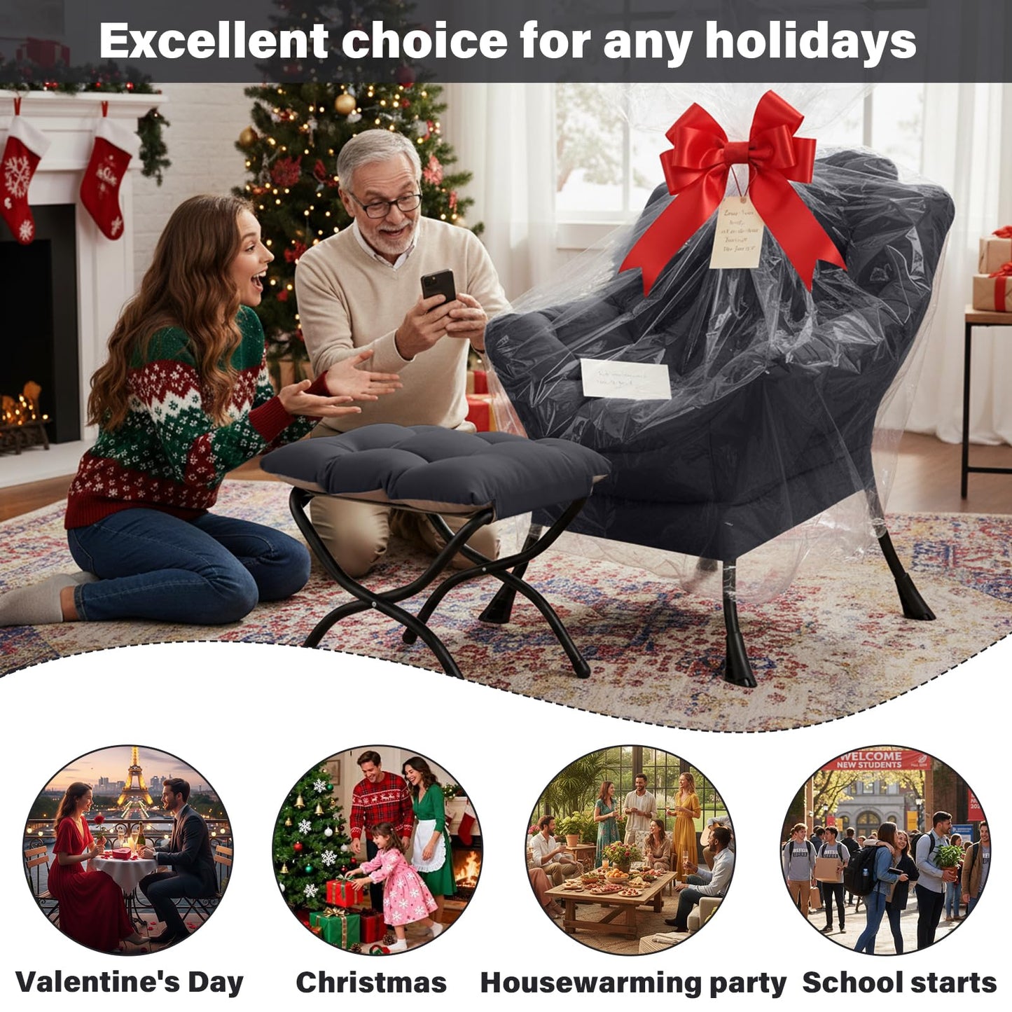 Givjoy Lazy Chair and Ottoman, Black Velvet Large Accent Chair with a Side Pocket, Modern Leisure Upholstered Sofa Reading Armchair with Footrest for Office, Bedroom, Living Room, Dorm Rooms, Balcony