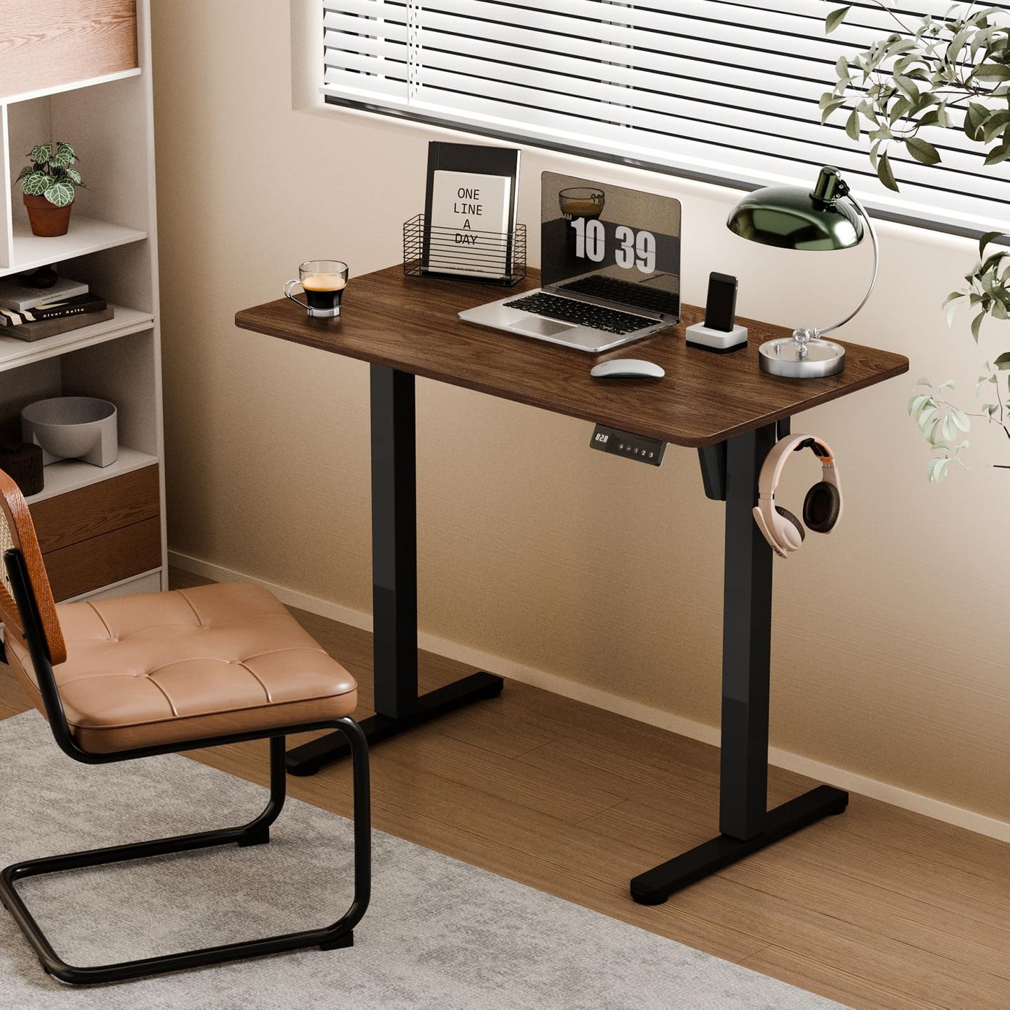YOLEZO 35" Electric Standing Desk Adjustable Height, Small Sit Stand Desk for Home Office & Computer Workstation, Compact Work Desk with Cable Management (Dark Walnut)