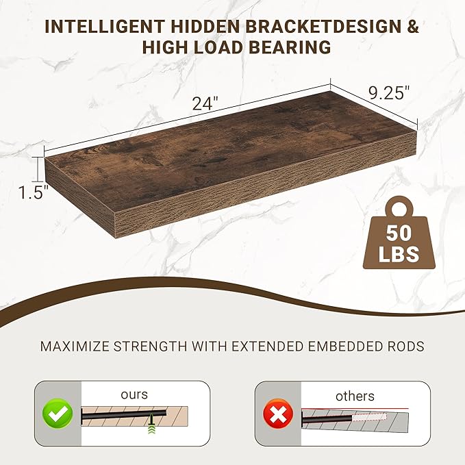 Acovy 24 Inch Floating Shelves, 3D Textured 24"x9.25"x1.5" Inch Deep Floating