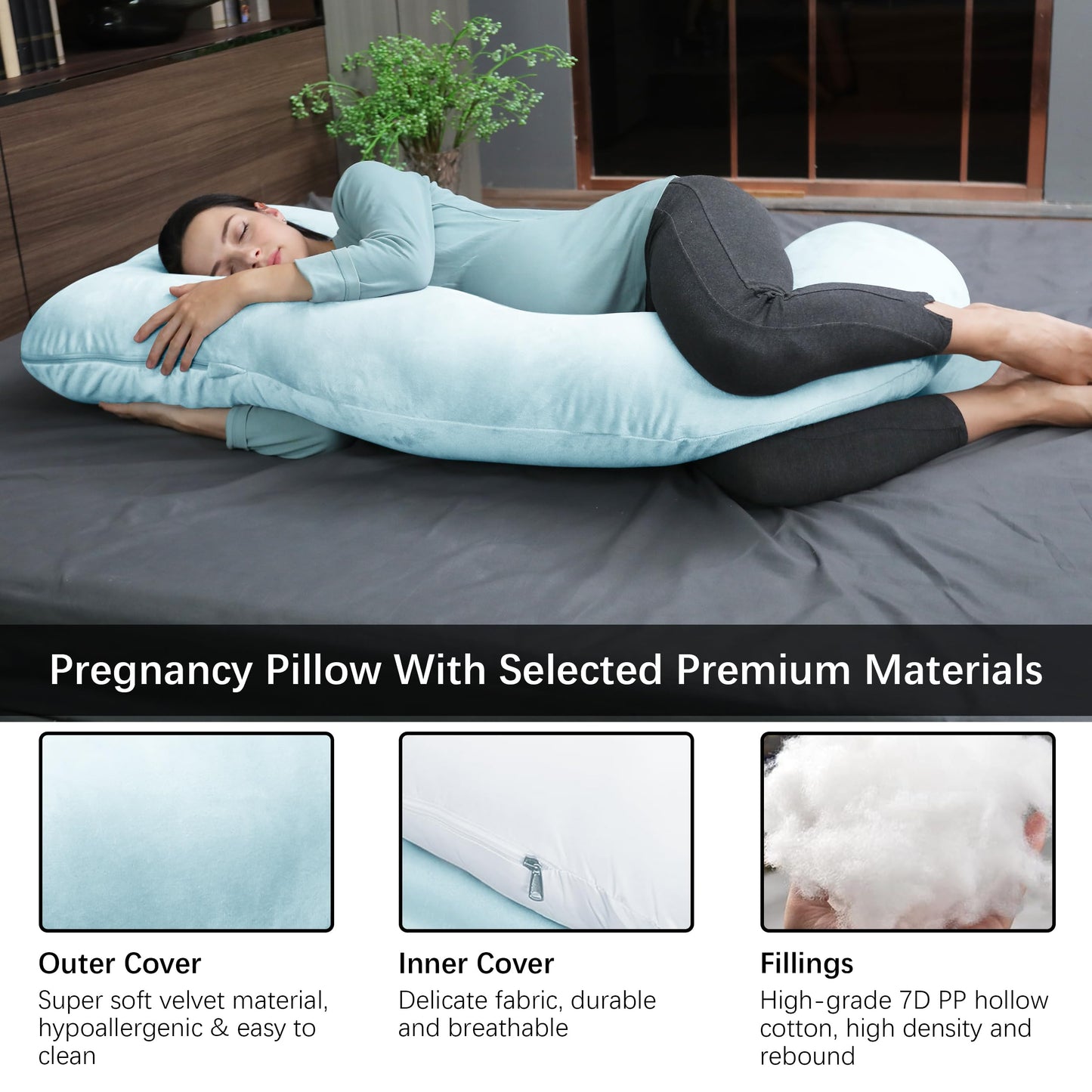 MOON PARK Pregnancy Pillows for Sleeping - U Shaped Full Body Maternity Pillow with Removable Cover - Support for Back, Legs, Belly, Hips - 57 Inch Pregnancy Pillow for Women - Aqua