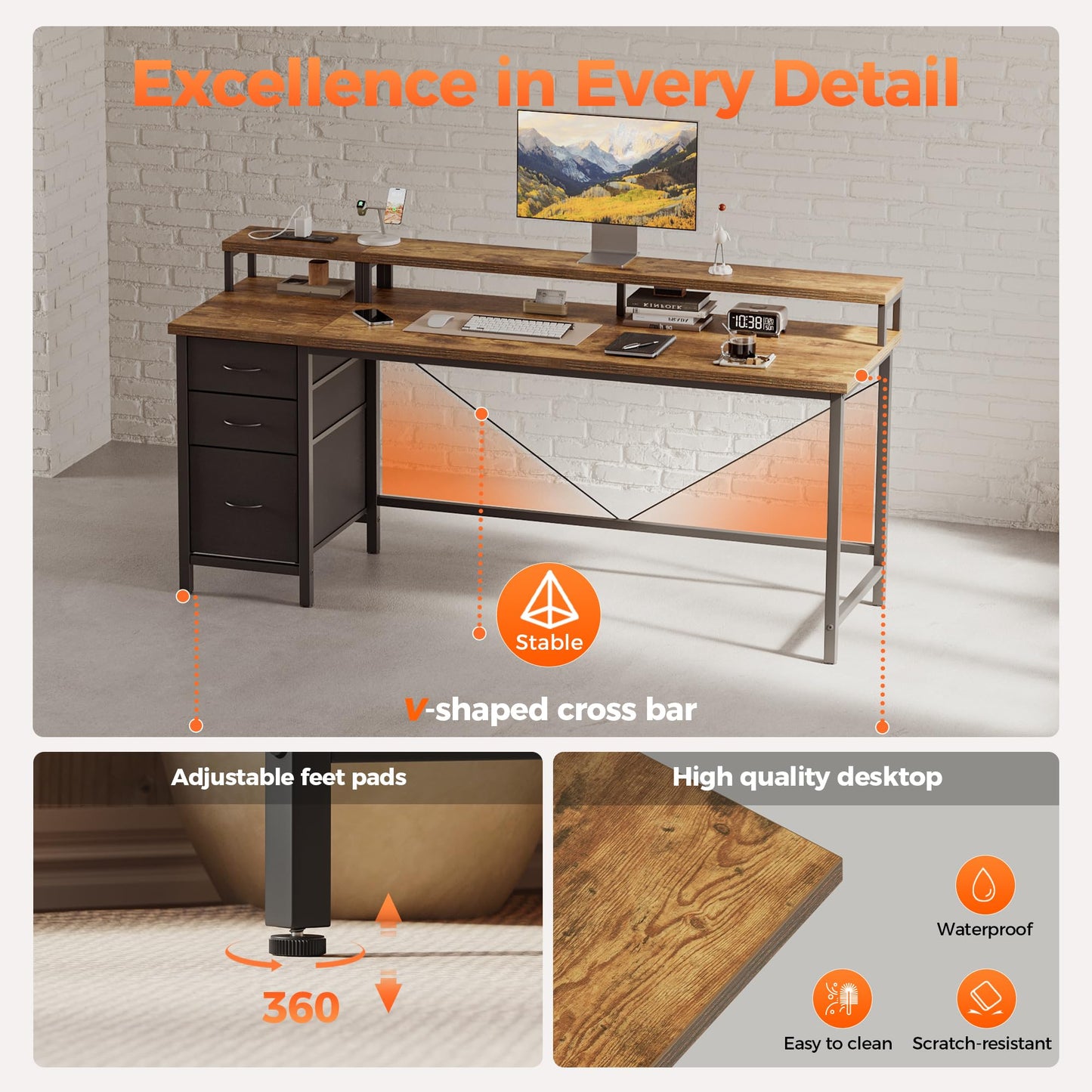 Mericonia 63 inch Computer Desk with Storage Drawers & Monitor Stand, Reversible Gaming Desk with LED Lights & Power Outlets, Large Gaming Table for Home Office