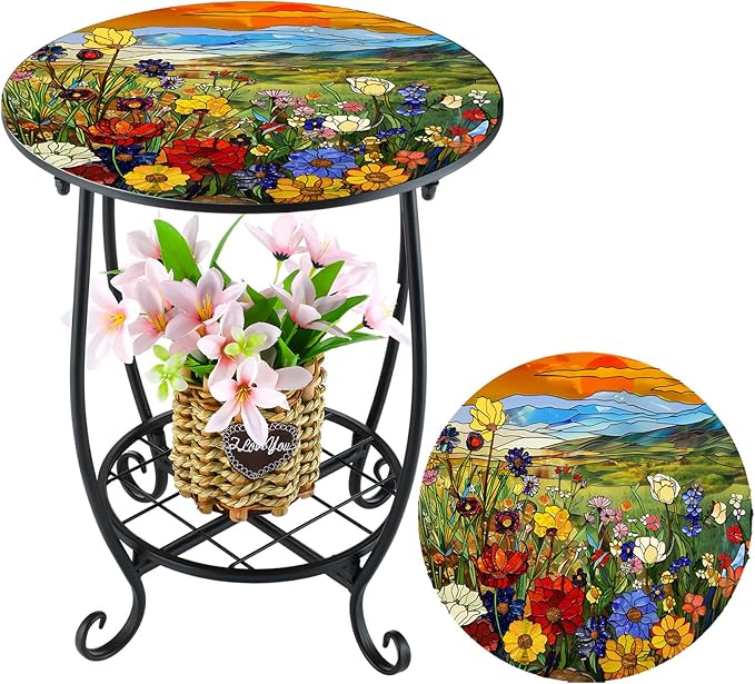 Cinnvoice Outdoor Side Table Round Small Mosaic Patio Accent Indoor End Plant