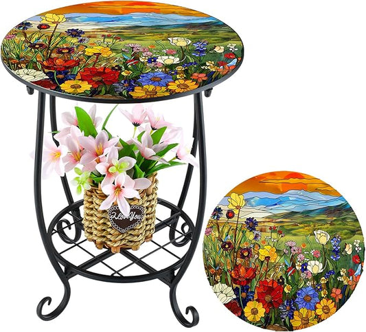 Cinnvoice Outdoor Side Table Round Small Mosaic Patio Accent Indoor End Plant